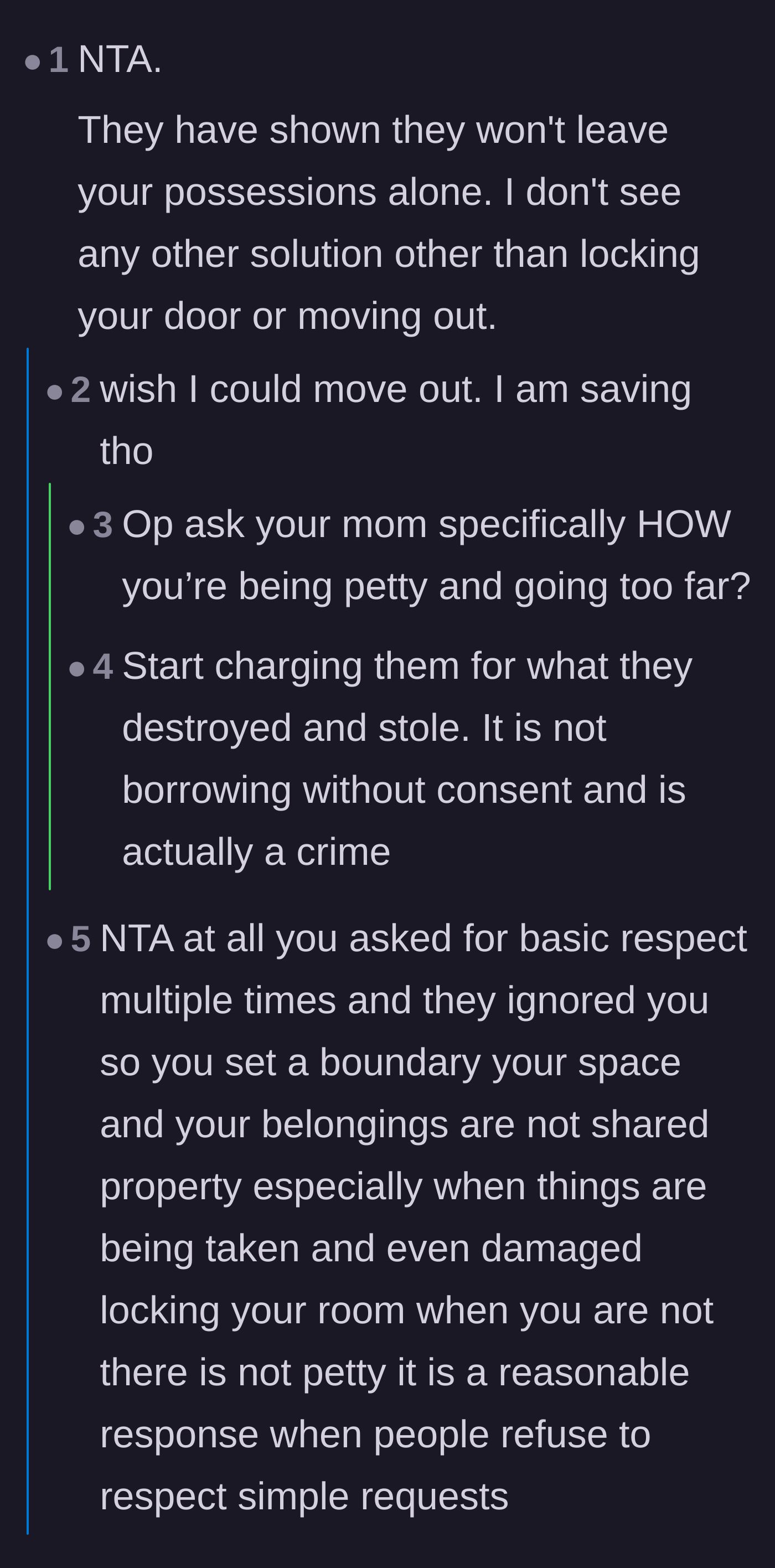 Comment thread 1 - Discussion about the mother's lack of boundaries, the audacity of the juice spill, and suggestions for the main character to move out.