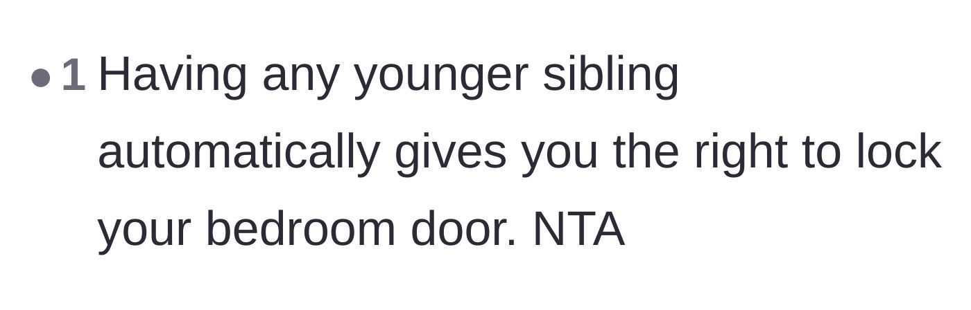 Comment thread 4 - A joke that having any younger sibling automatically justifies locking your door.