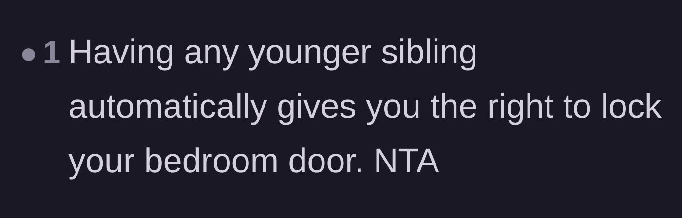 Comment thread 4 - A joke that having any younger sibling automatically justifies locking your door.