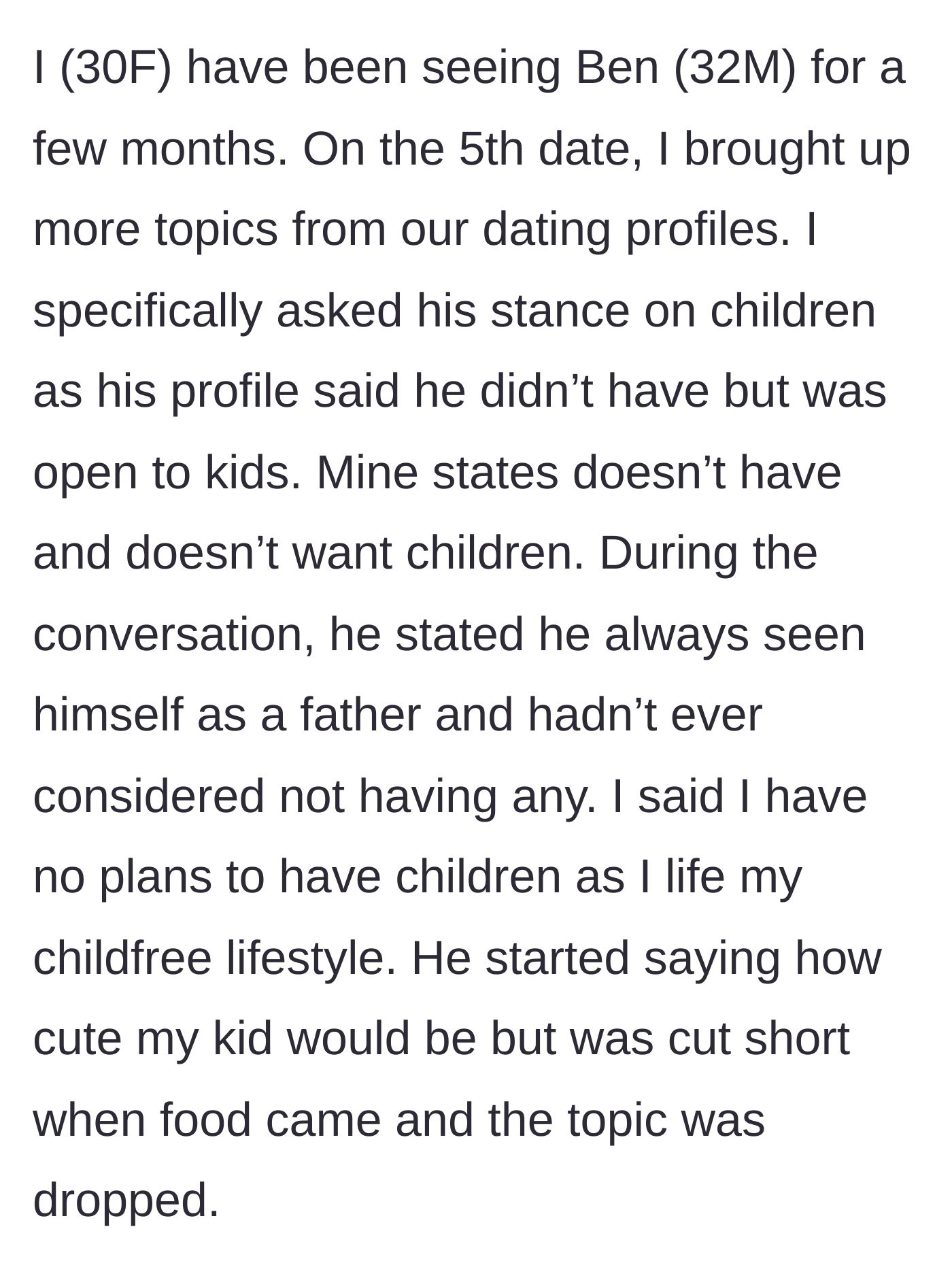 Story part 1 - A text exchange discussing their dating profile stances on having children, where the boyfriend daydreams about having a kid.