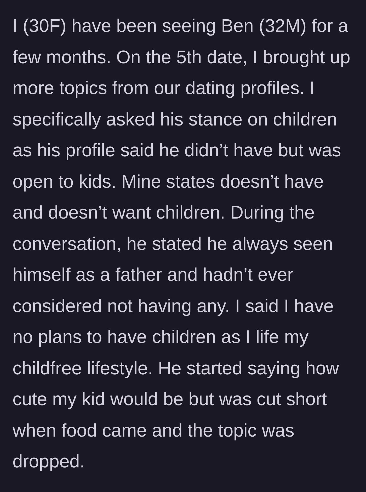 Story part 1 - A text exchange discussing their dating profile stances on having children, where the boyfriend daydreams about having a kid.