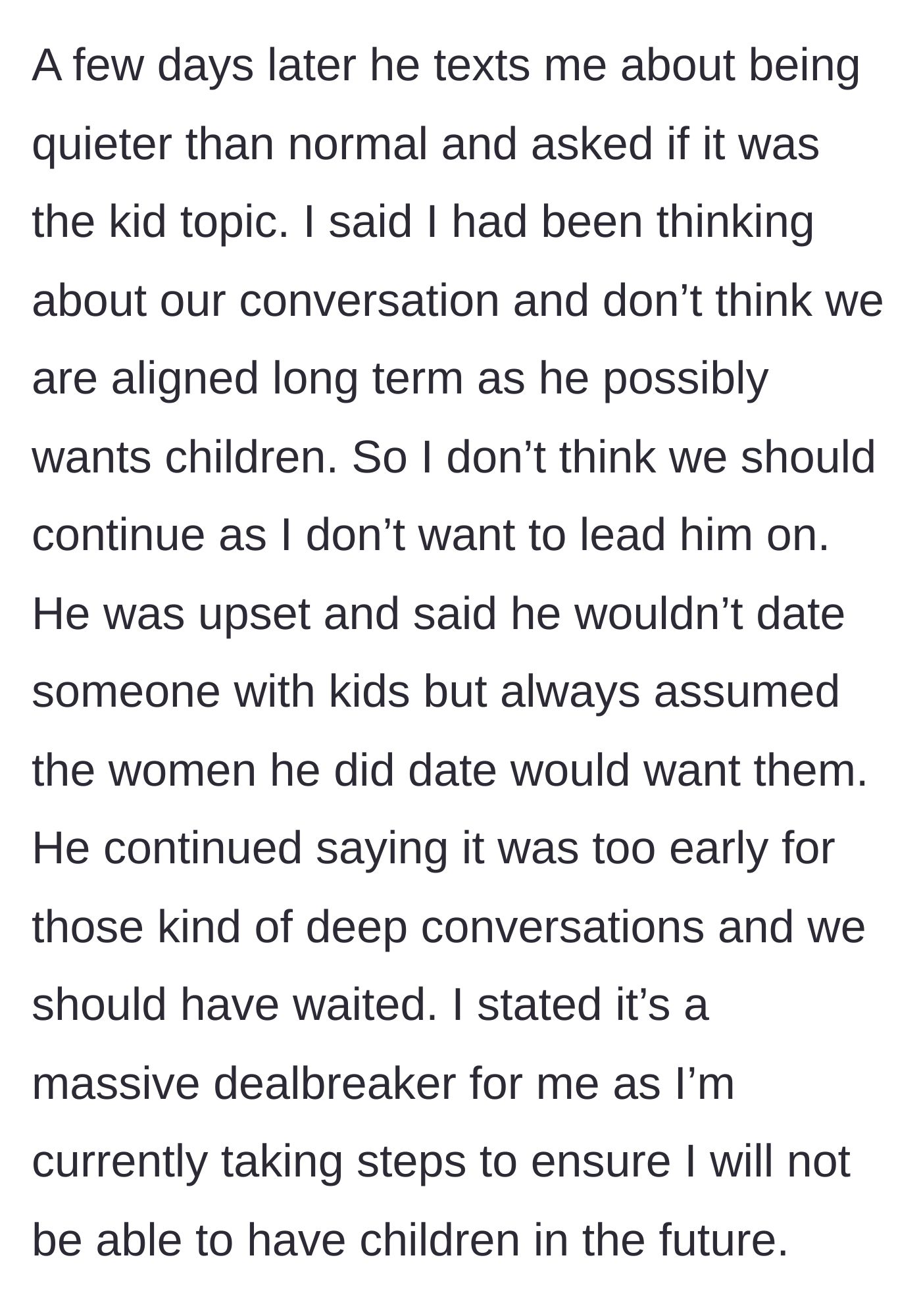 Story part 2 - Messages where she initiates a breakup over their misaligned futures, and he gets upset that it's too early for deep talks.