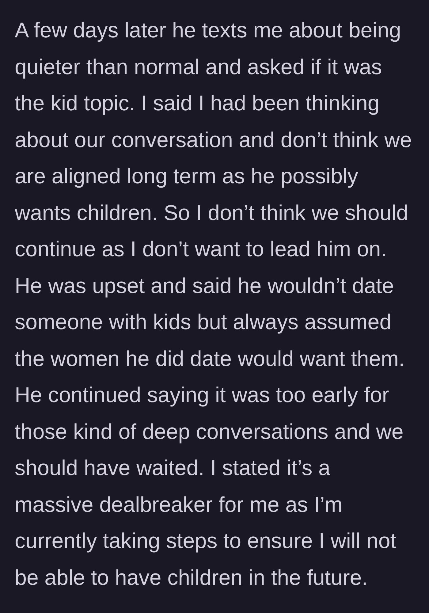Story part 2 - Messages where she initiates a breakup over their misaligned futures, and he gets upset that it's too early for deep talks.