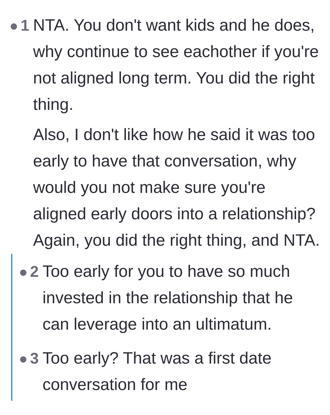 Comment thread 1 - Readers sharing heartbreaking stories of partners wasting their twenties by secretly hoping they'd change their minds about kids
