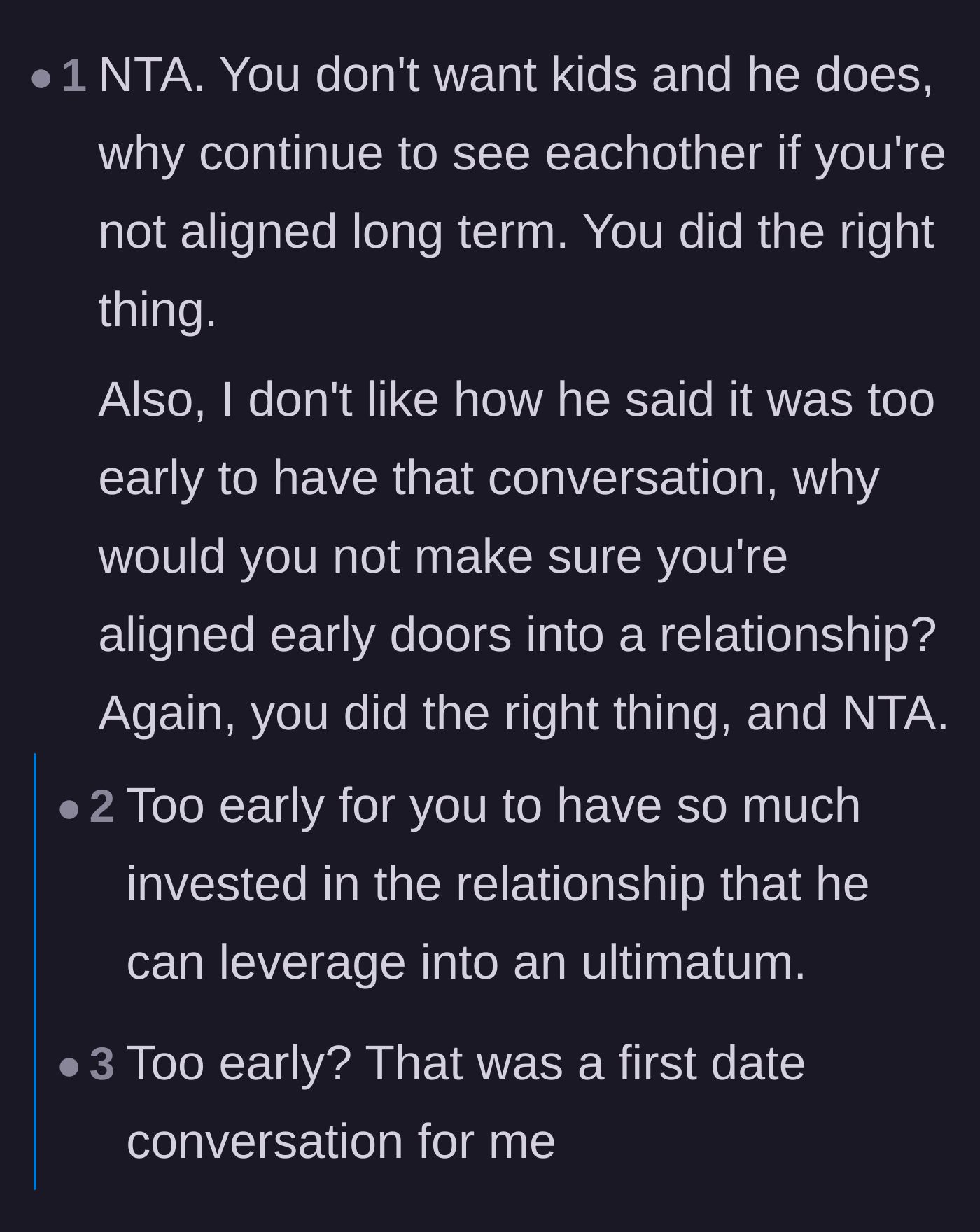 Comment thread 1 - Readers sharing heartbreaking stories of partners wasting their twenties by secretly hoping they'd change their minds about kids
