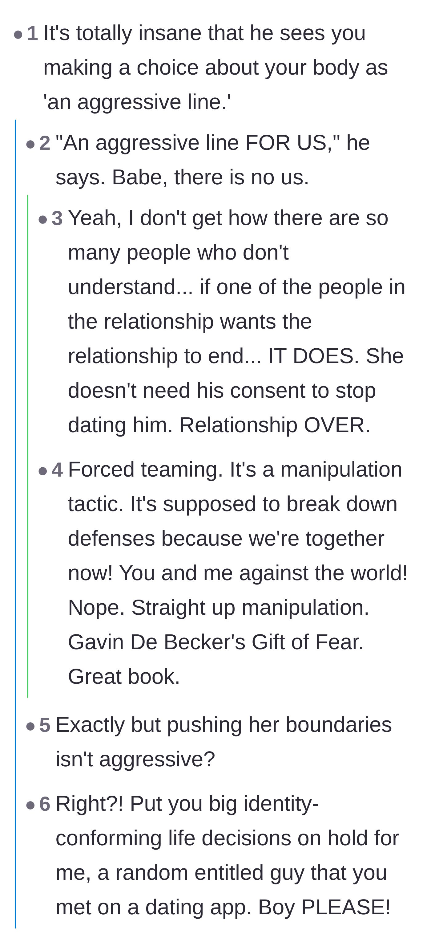 Comment thread 2 - A discussion calling out the boyfriend's manipulative use of 'us' when she had already ended the relationship
