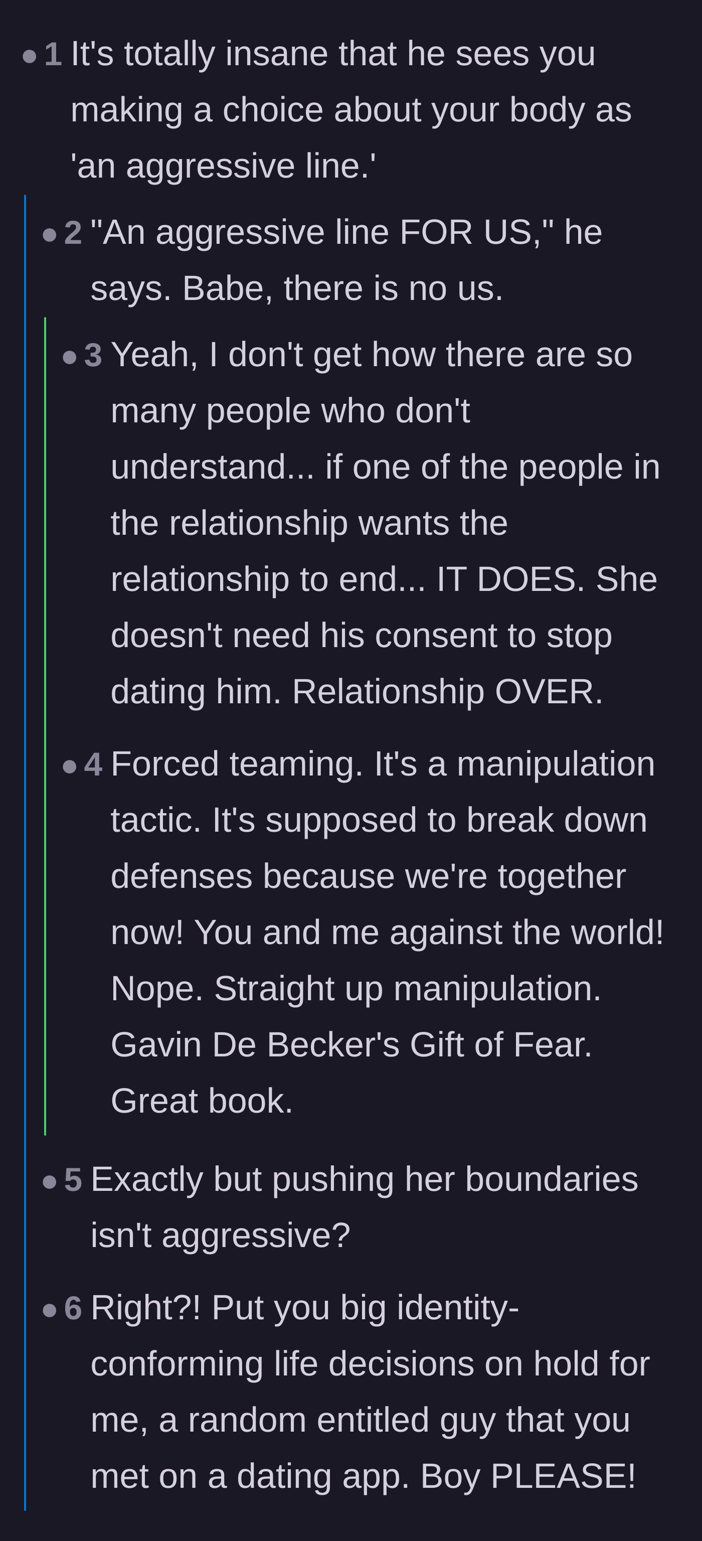 Comment thread 2 - A discussion calling out the boyfriend's manipulative use of 'us' when she had already ended the relationship