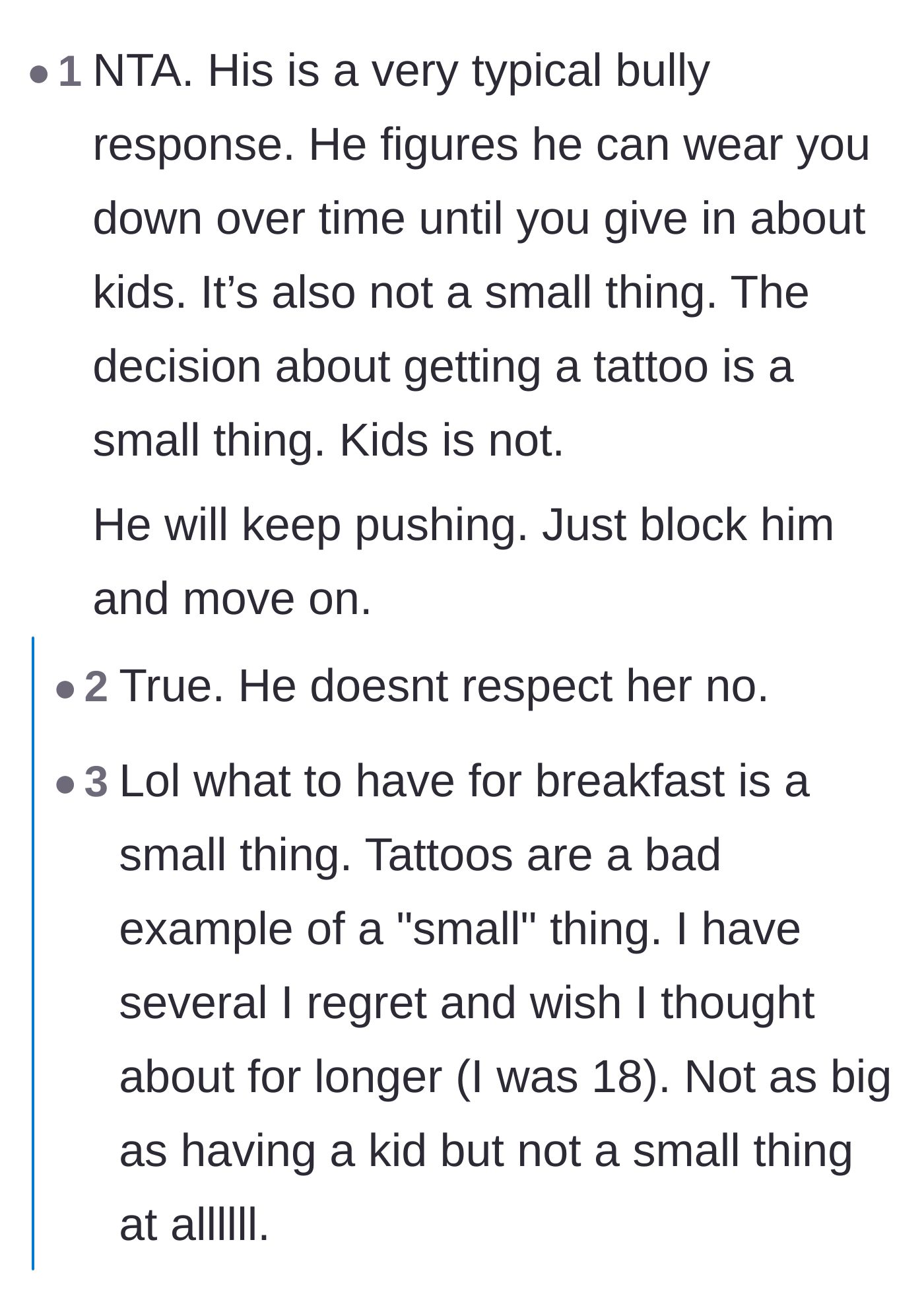 Comment thread 6 - A discussion on how the boyfriend minimized the massive decision of having children into a minor disagreement