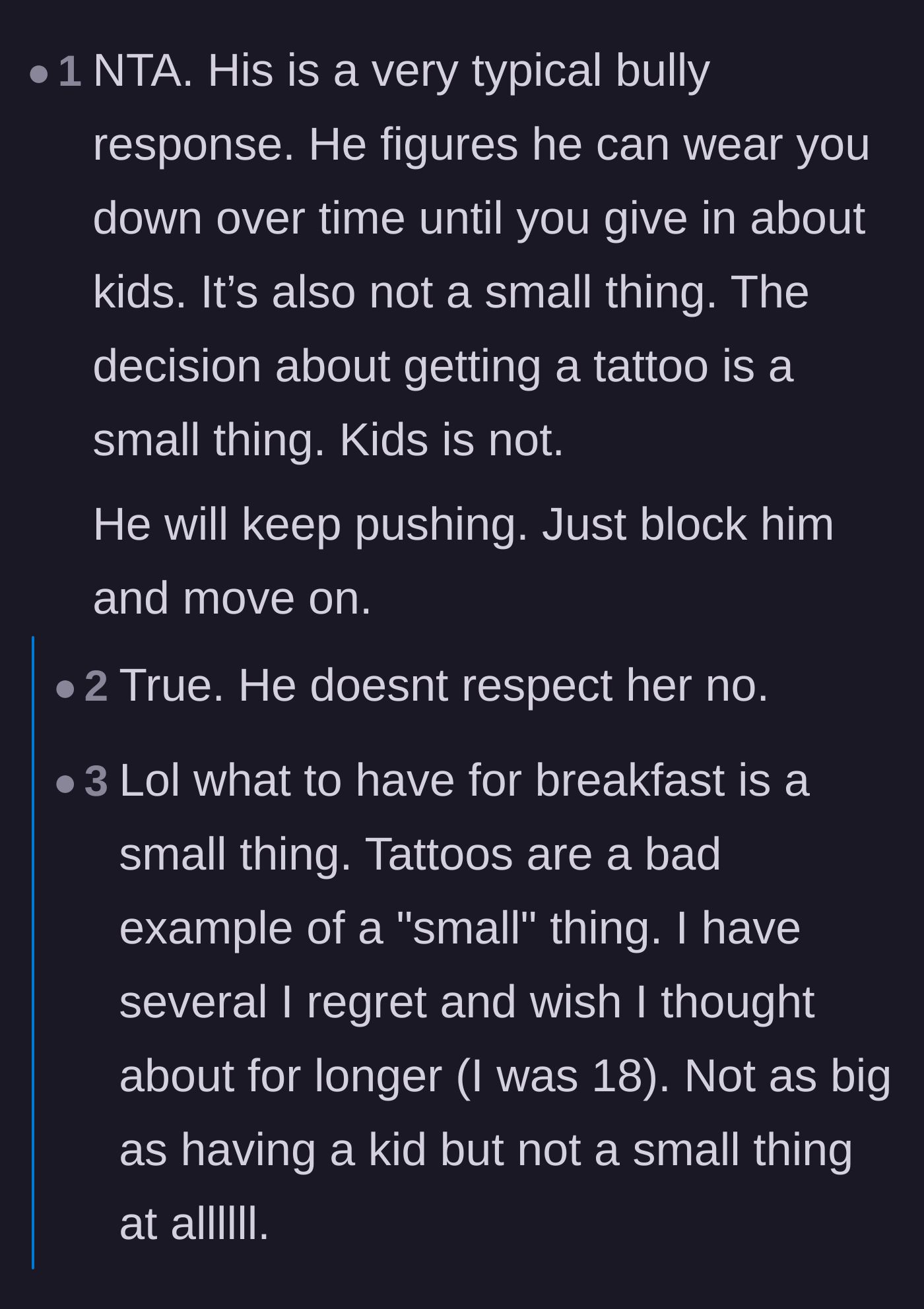Comment thread 6 - A discussion on how the boyfriend minimized the massive decision of having children into a minor disagreement