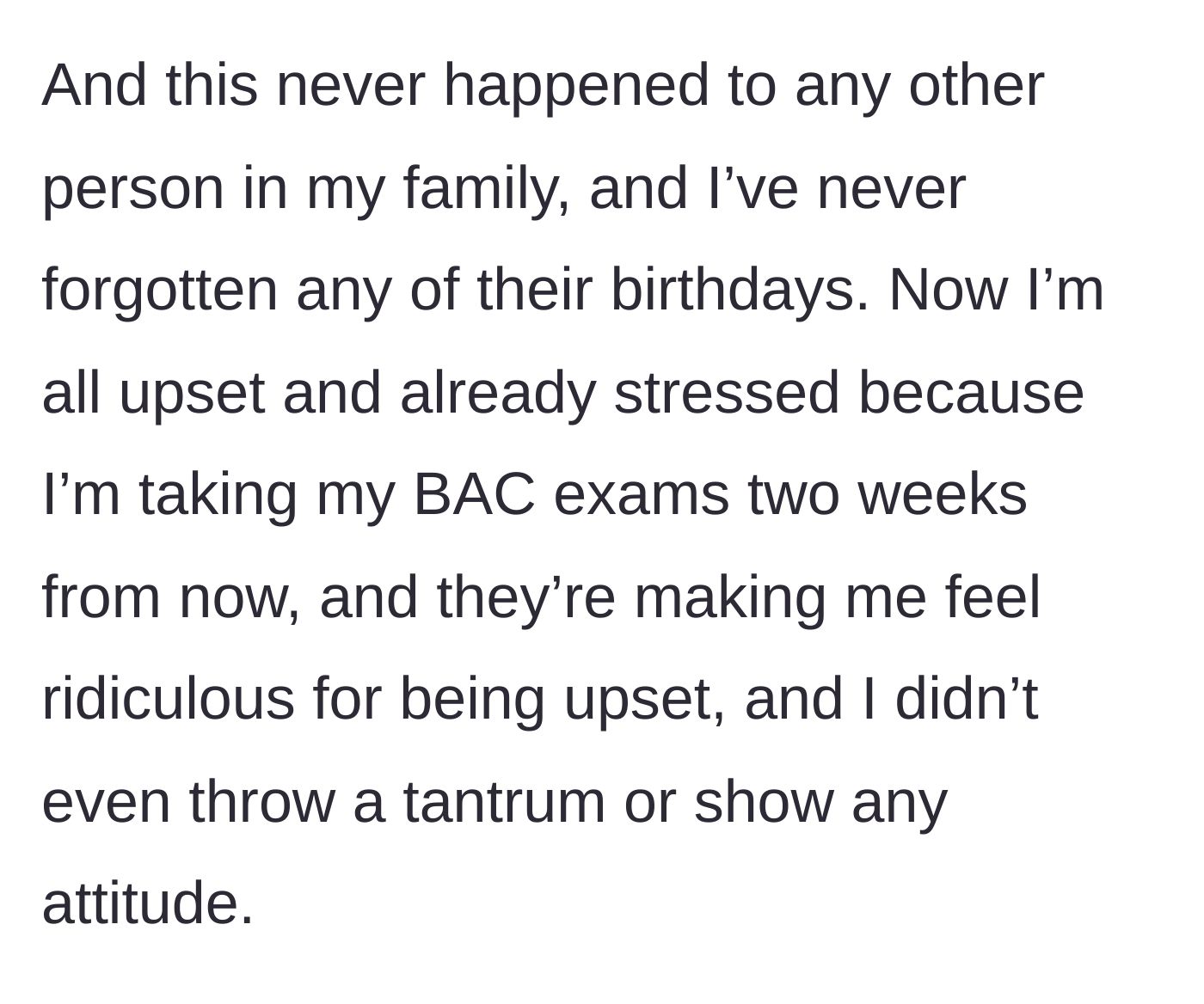 Story part 5 - She reflects on how she never forgets their birthdays and expresses her deep stress over upcoming BAC exams amid the family's cruel indifference.