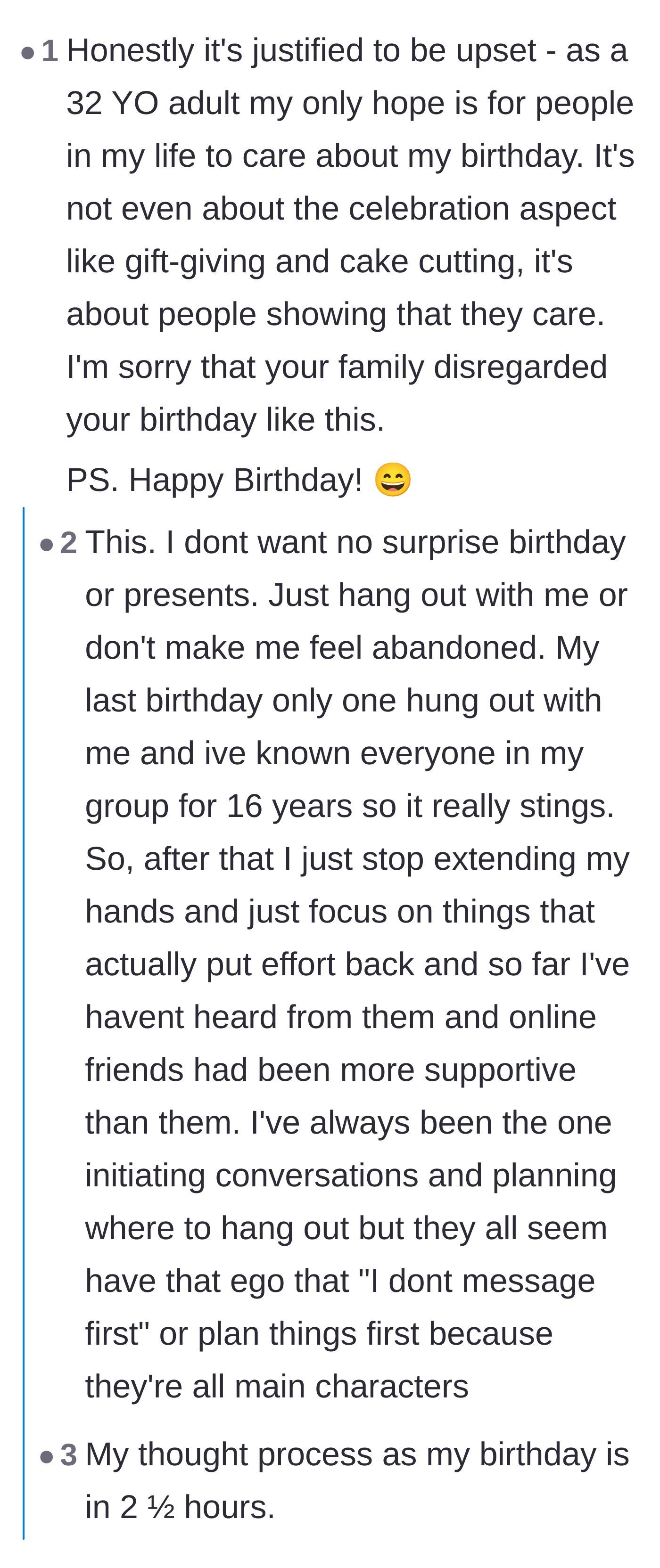 Comment thread 2 - A heartfelt discussion about how birthdays are really just about feeling seen and cared for by loved ones.