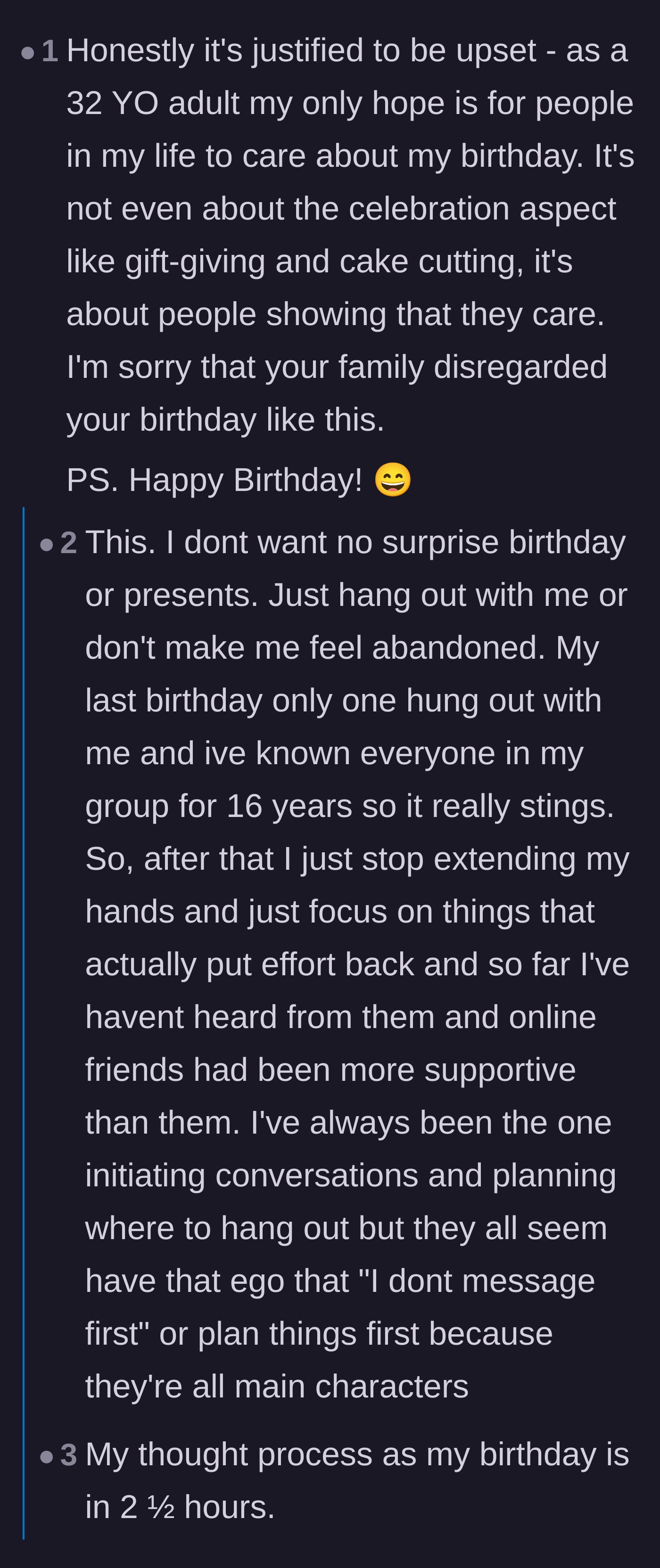 Comment thread 2 - A heartfelt discussion about how birthdays are really just about feeling seen and cared for by loved ones.