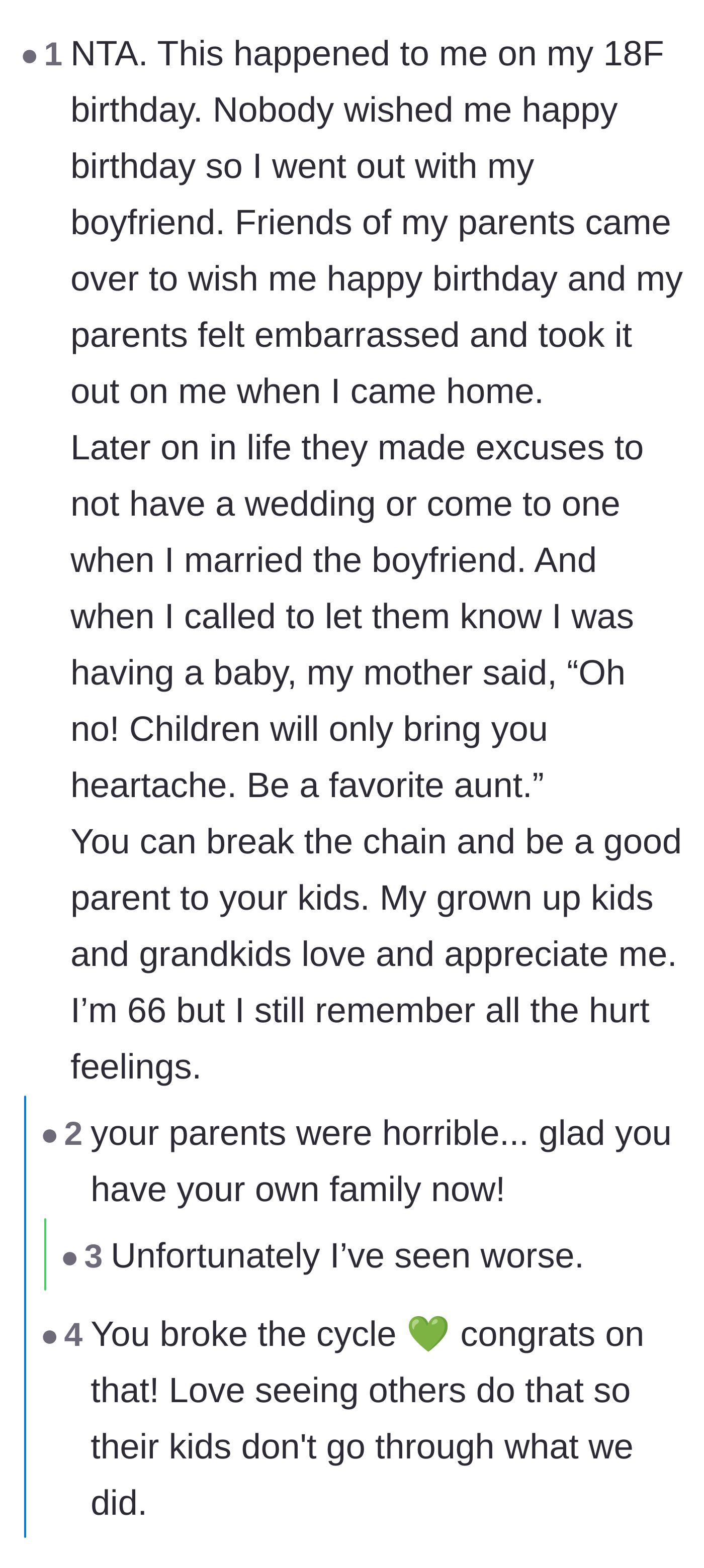 Comment thread 3 - A moving story from an older commenter who survived similar parental neglect and successfully broke the cycle.