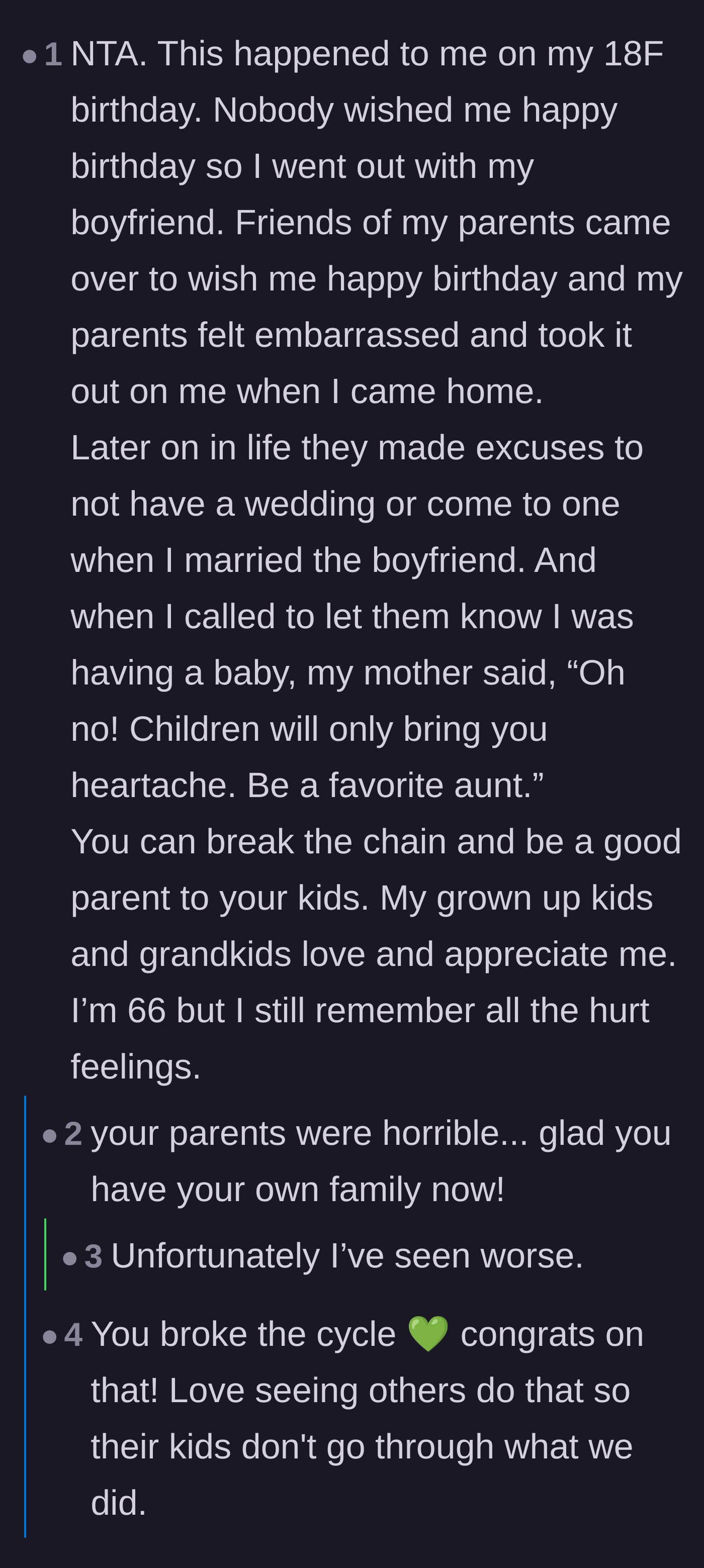 Comment thread 3 - A moving story from an older commenter who survived similar parental neglect and successfully broke the cycle.