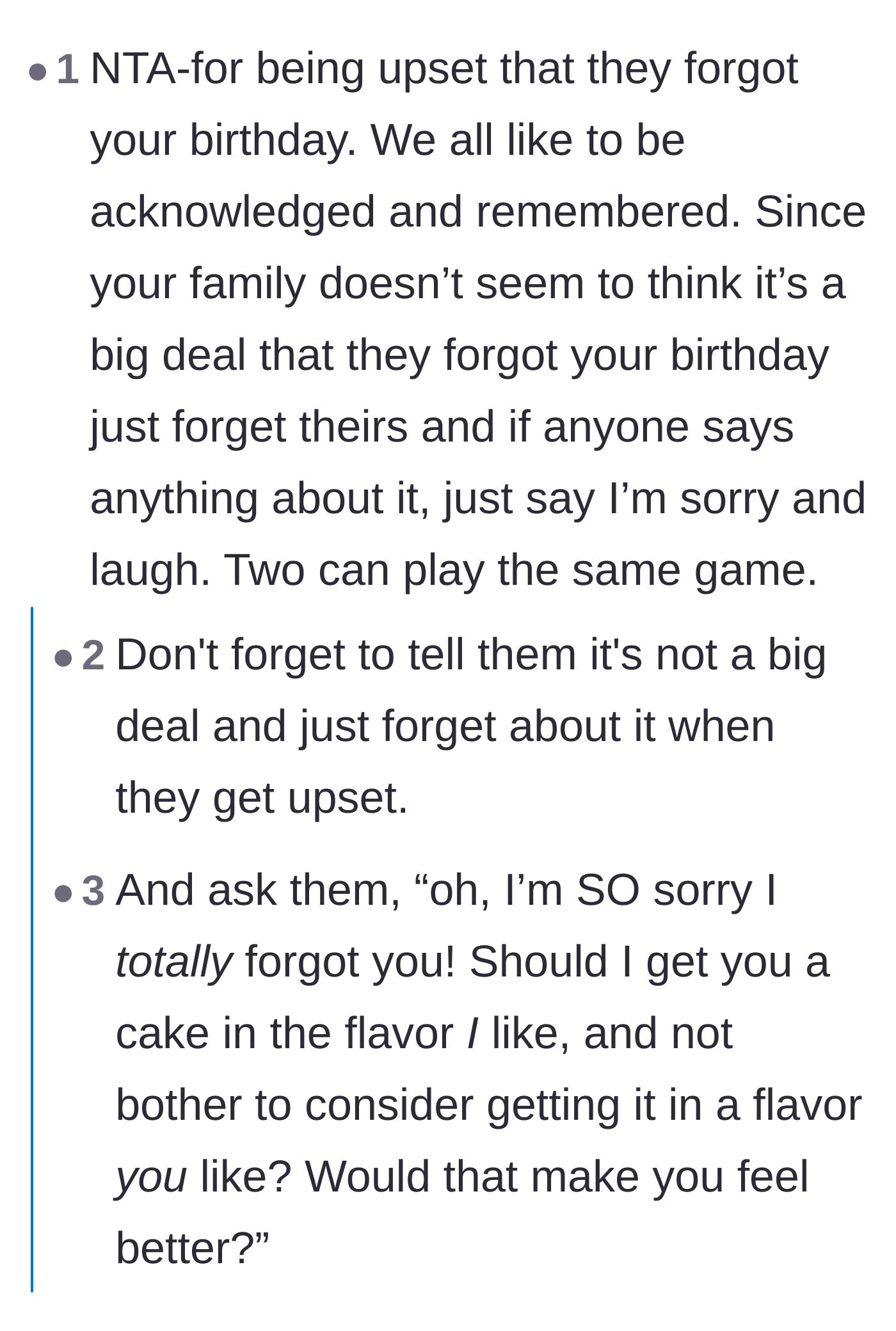 Comment thread 4 - Suggestions to mirror the family's dismissive behavior and laugh in their faces on their own birthdays.