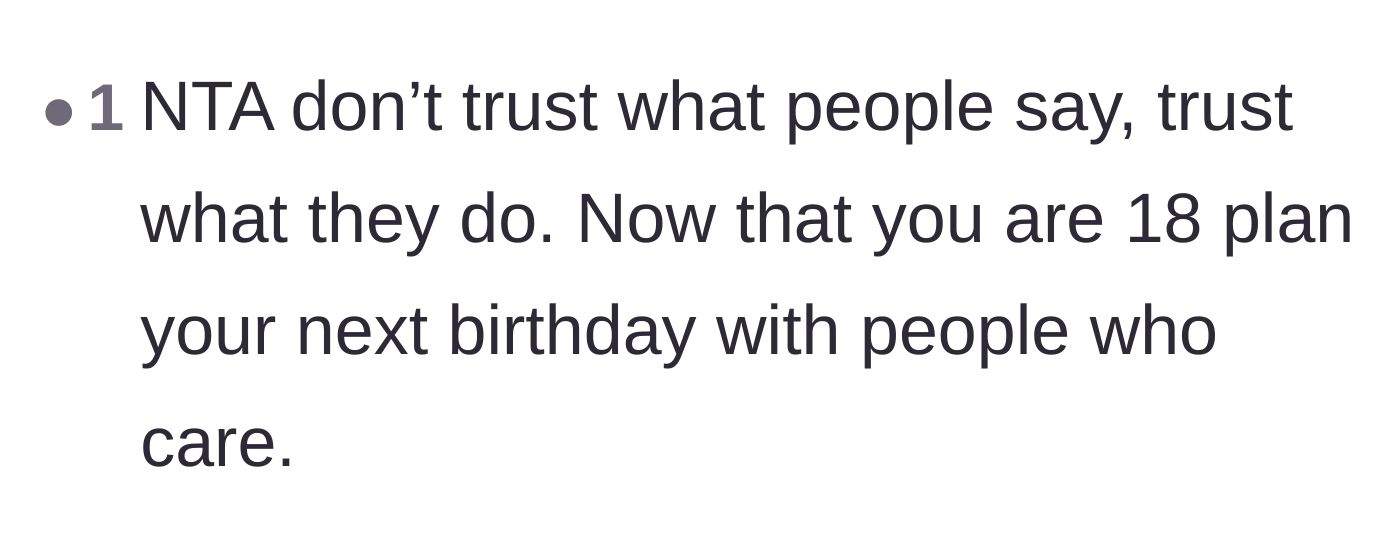 Comment thread 5 - Advice to judge the family by their actions and spend future birthdays with chosen family instead.