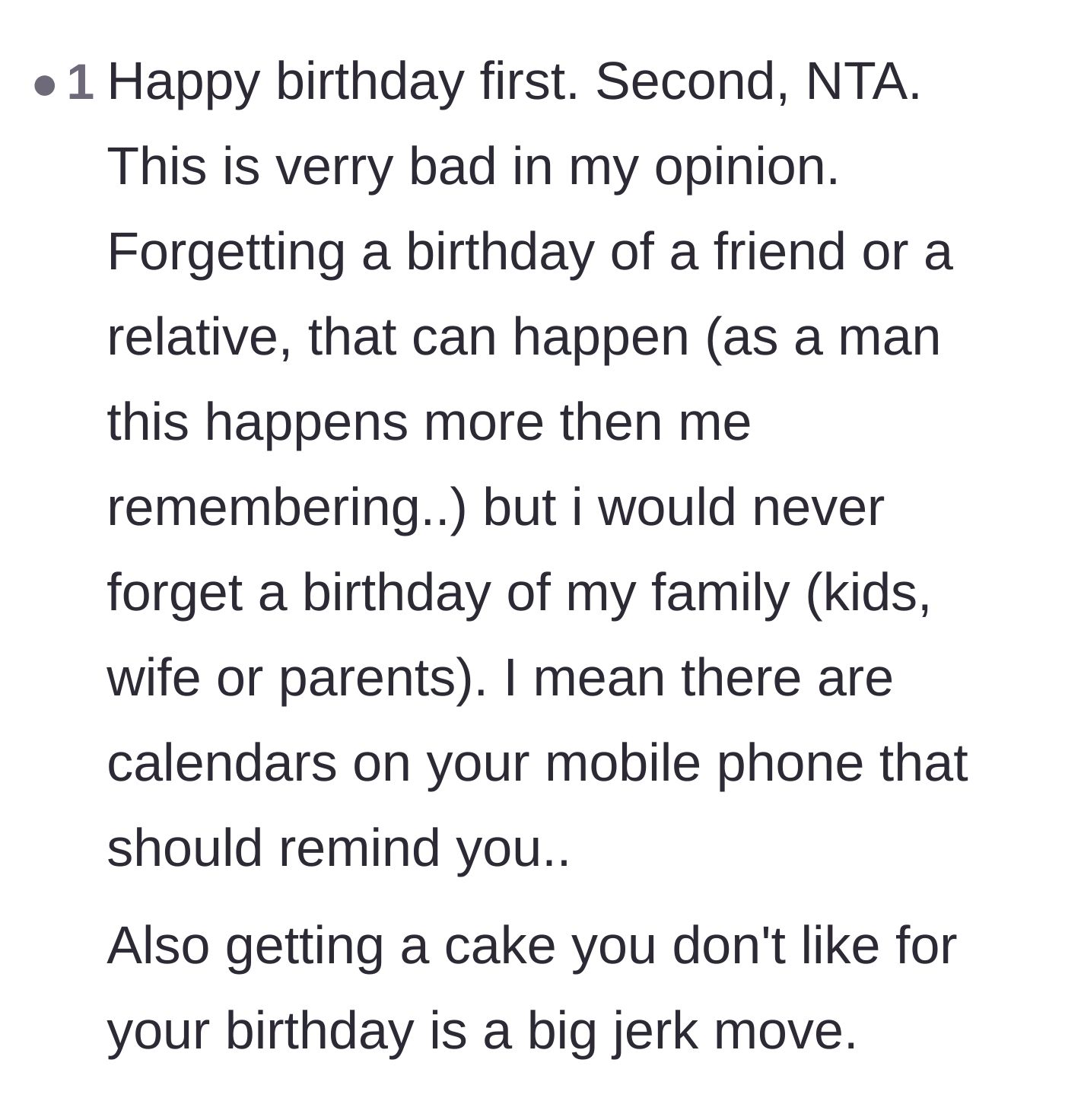 Comment thread 6 - Disbelief that parents could forget a child's birthday in the age of smartphone calendars, plus outrage over the dad's cake.