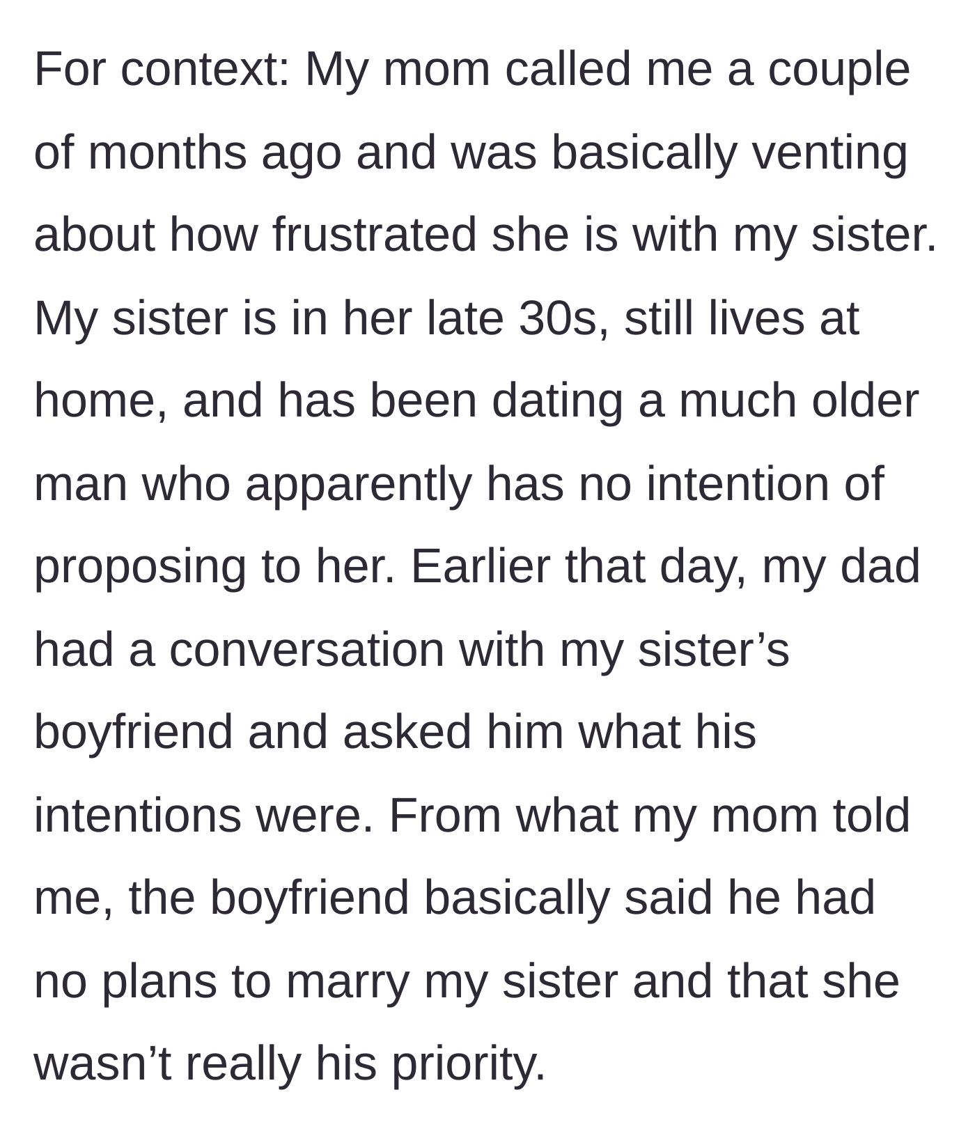 Story part 1 - A mother complains about her adult daughter's dead-end relationship with an older man, revealing the father confronted the boyfriend.