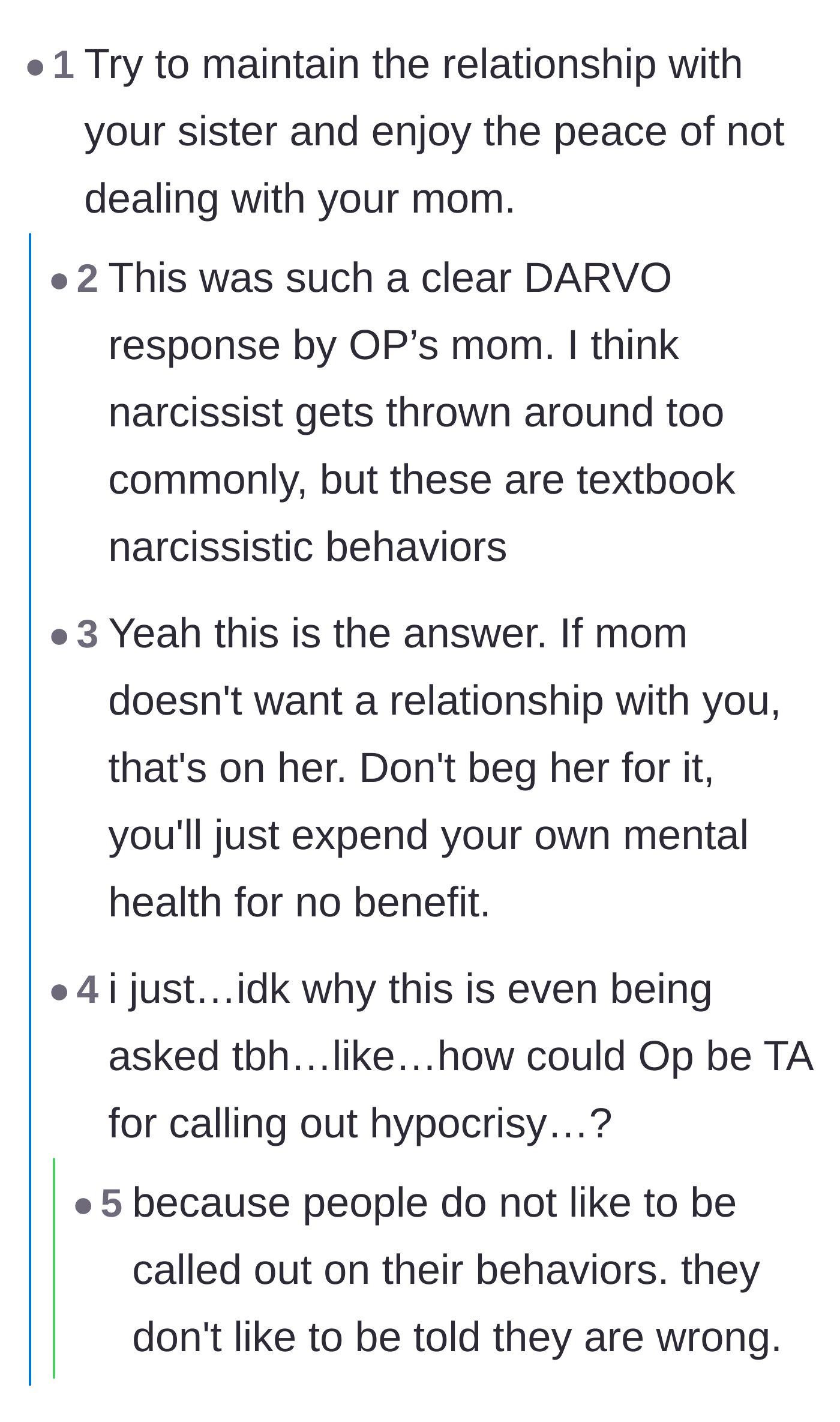 Comment thread 1 - Discussing DARVO tactics and the peace of walking away.