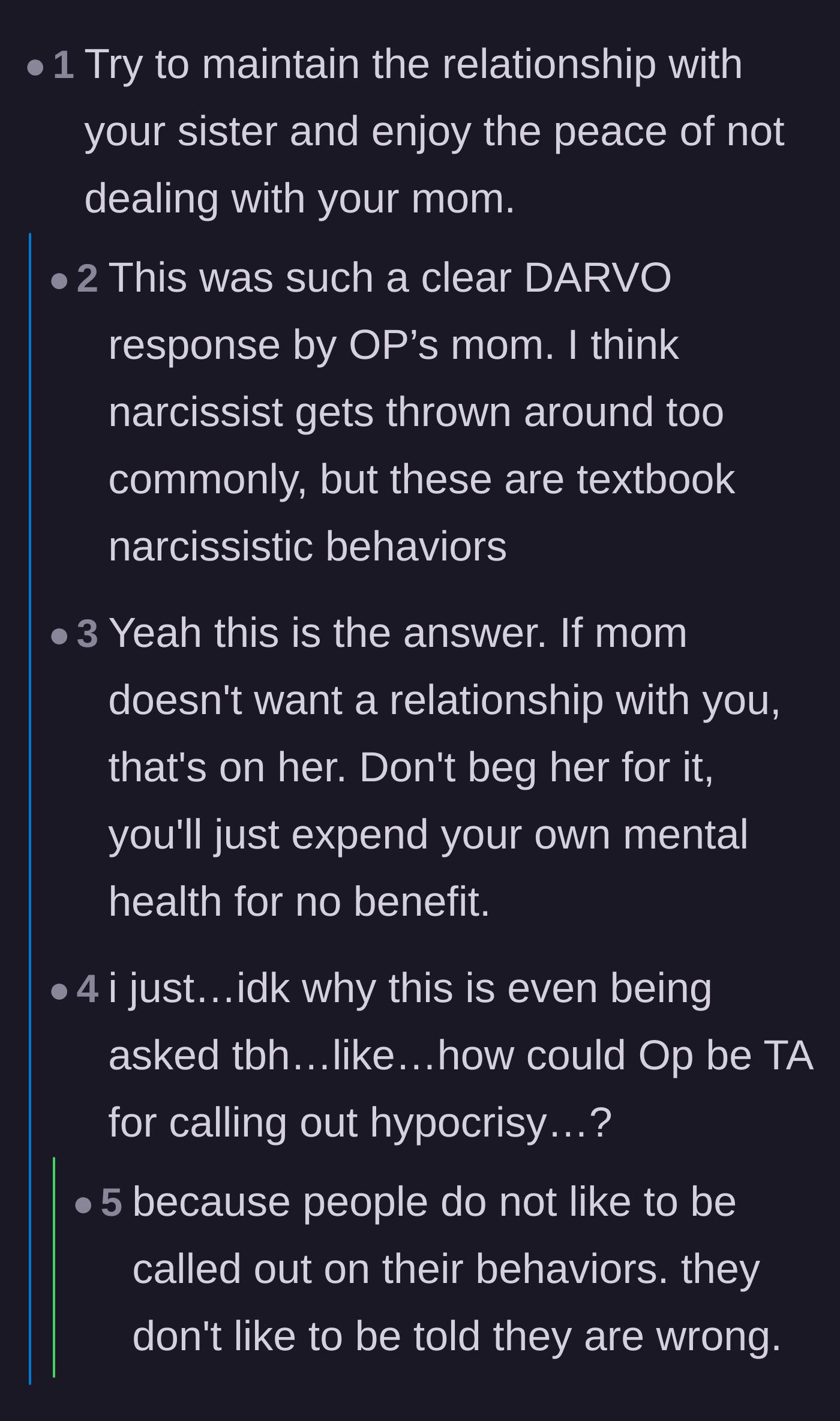 Comment thread 1 - Discussing DARVO tactics and the peace of walking away.