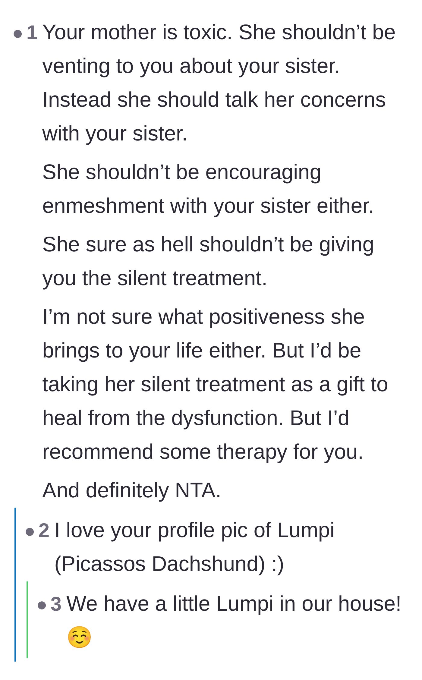 Comment thread 3 - Calling out the mother's toxic enmeshment and framing the silent treatment as a gift.