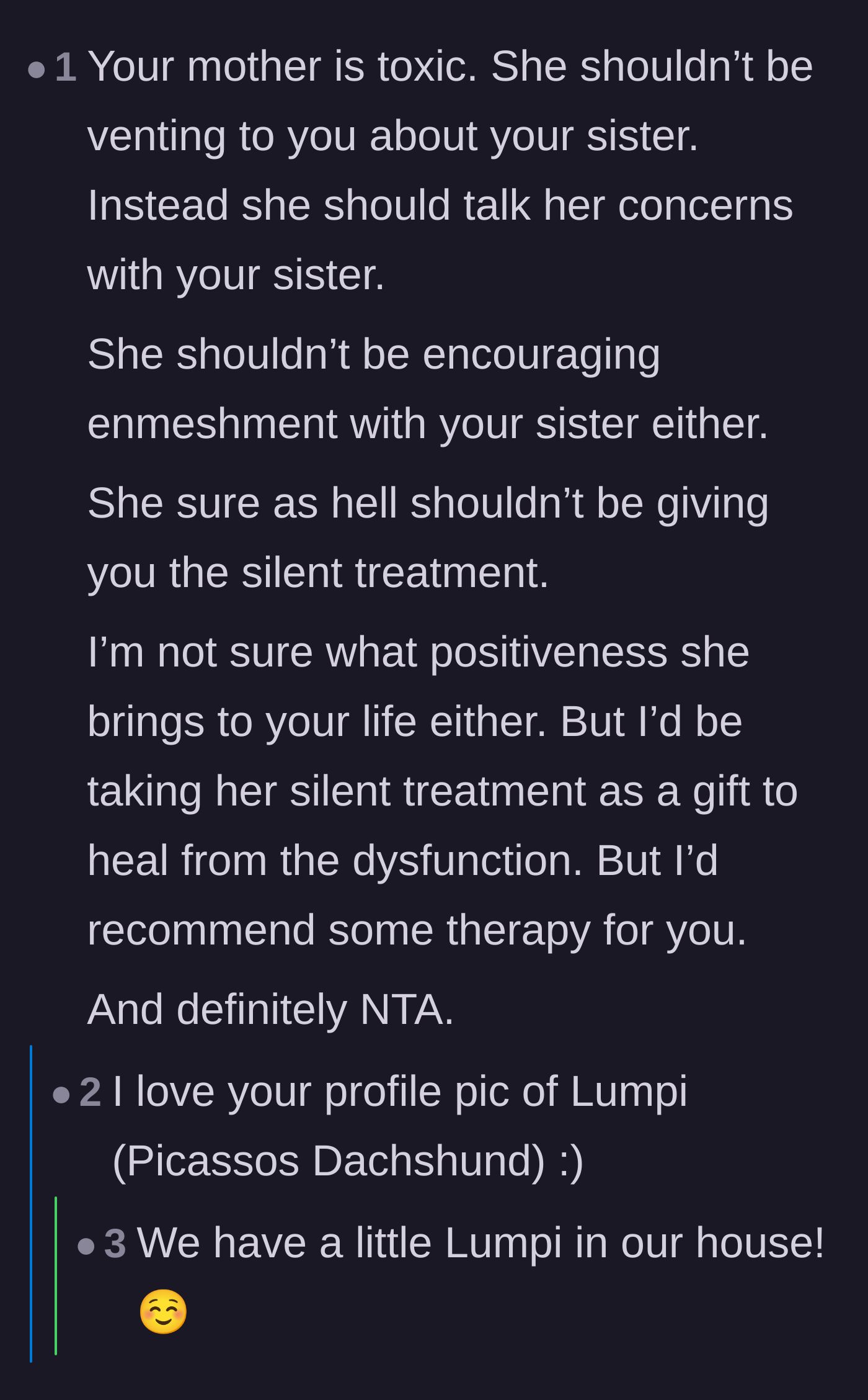 Comment thread 3 - Calling out the mother's toxic enmeshment and framing the silent treatment as a gift.