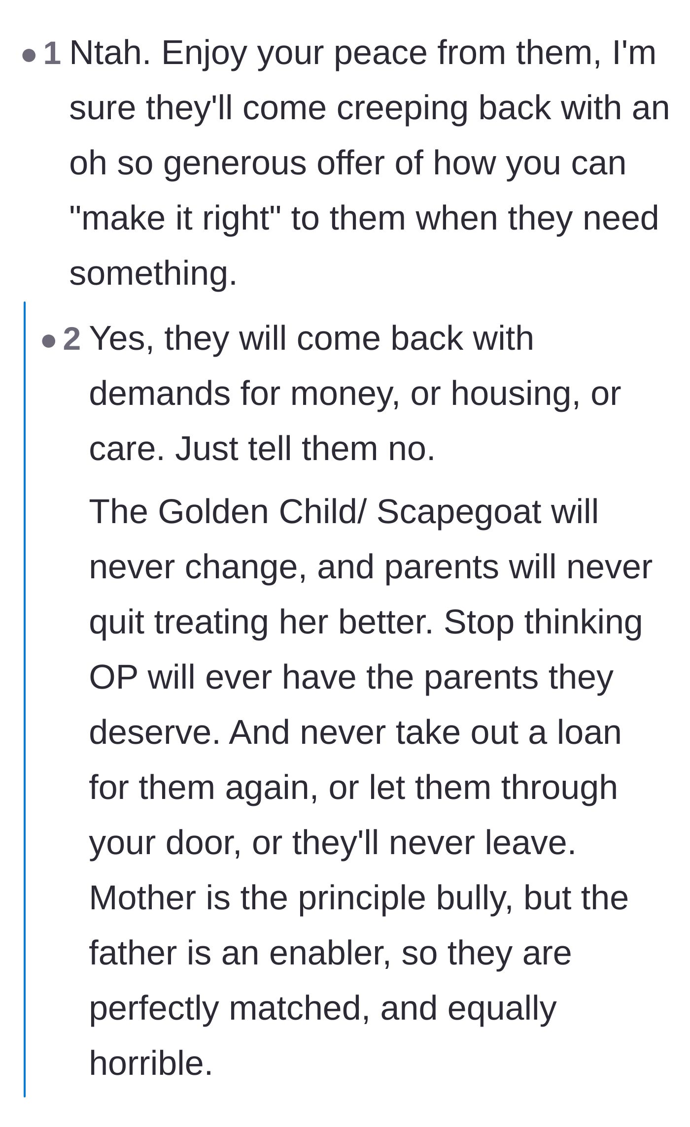 Comment thread 6 - Warnings that the parents will inevitably return when they need money or elder care.