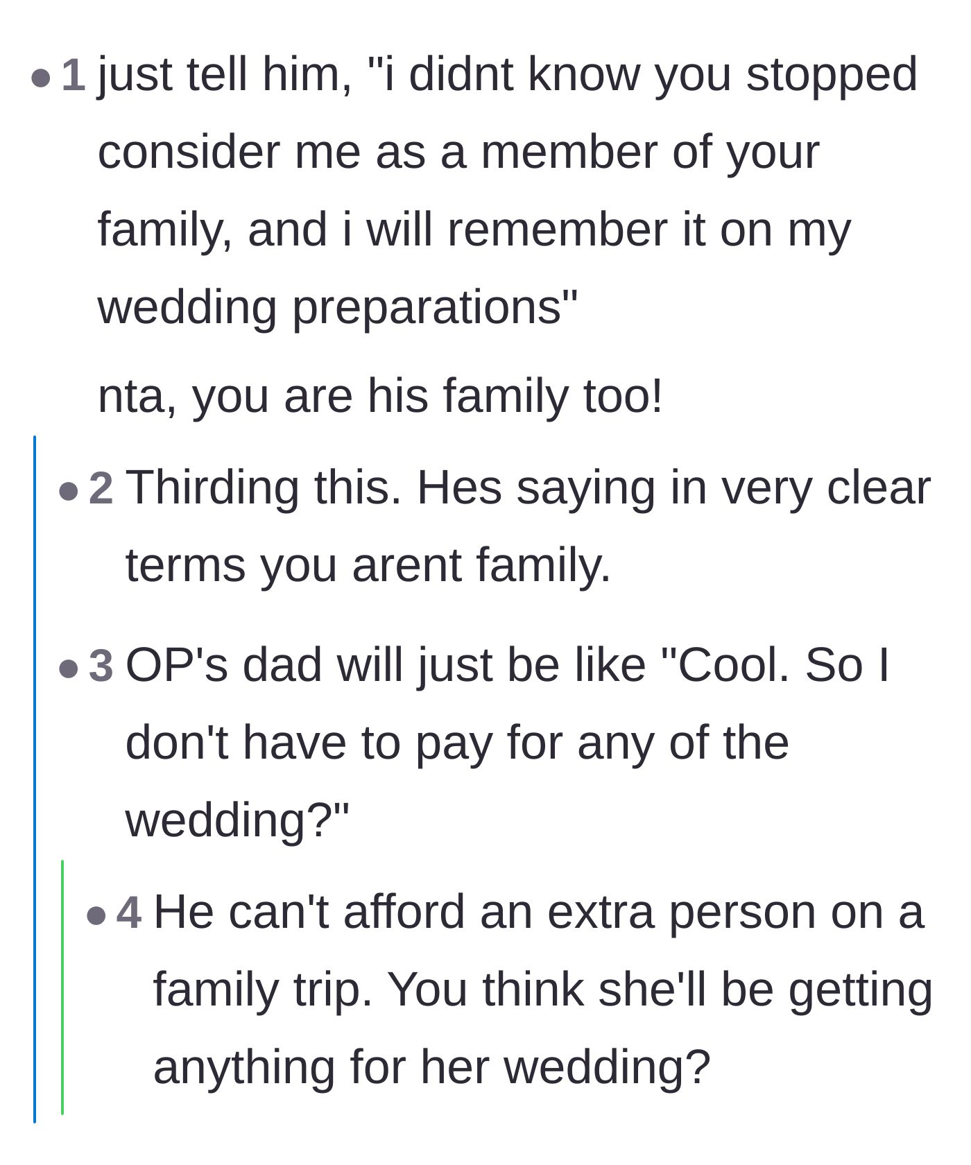 Comment thread 2 - A commenter suggests excluding the dad from OP's future wedding, while replies joke that he would just be happy to save the money.