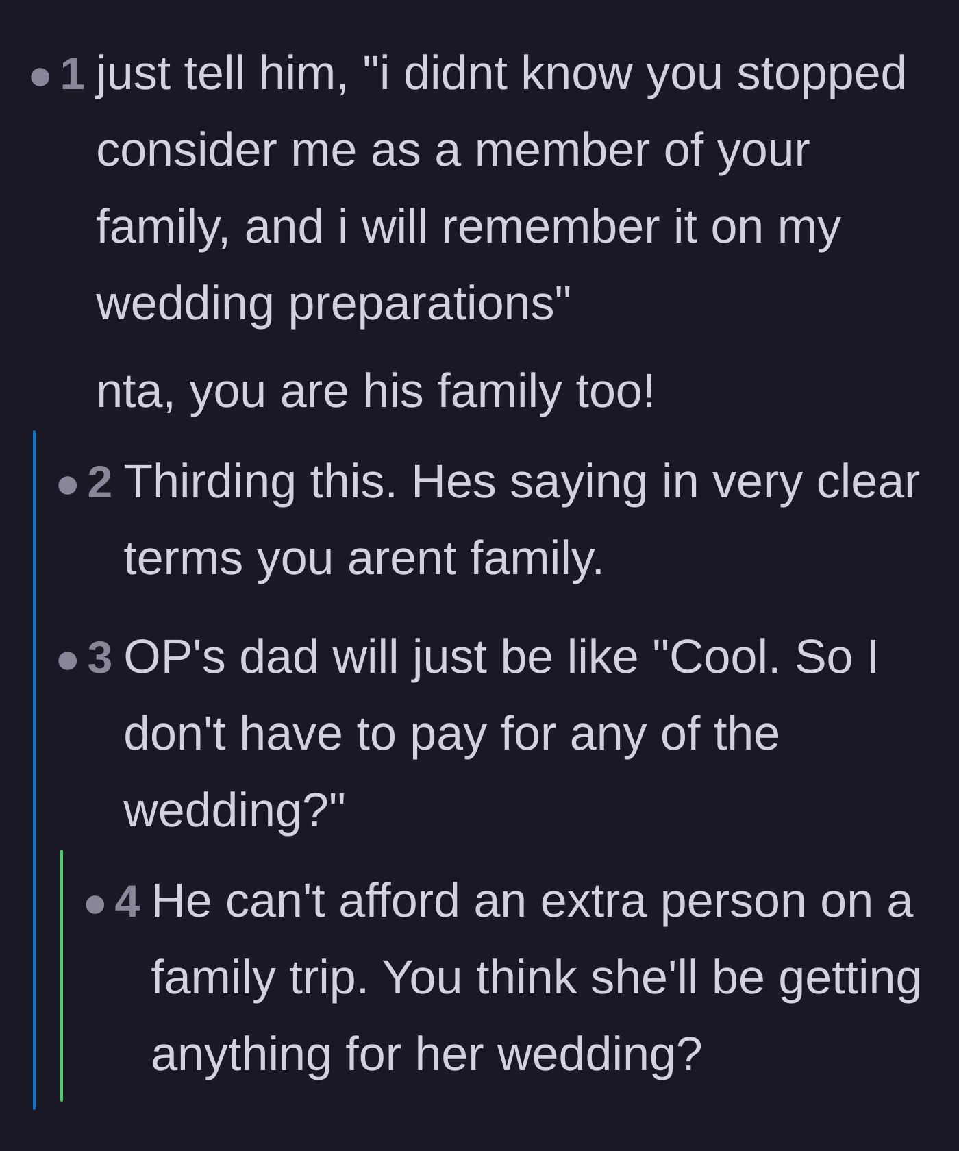 Comment thread 2 - A commenter suggests excluding the dad from OP's future wedding, while replies joke that he would just be happy to save the money.