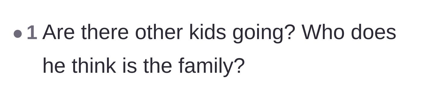 Comment thread 4 - A user asks who else is going on the trip and who the dad considers to be his family.