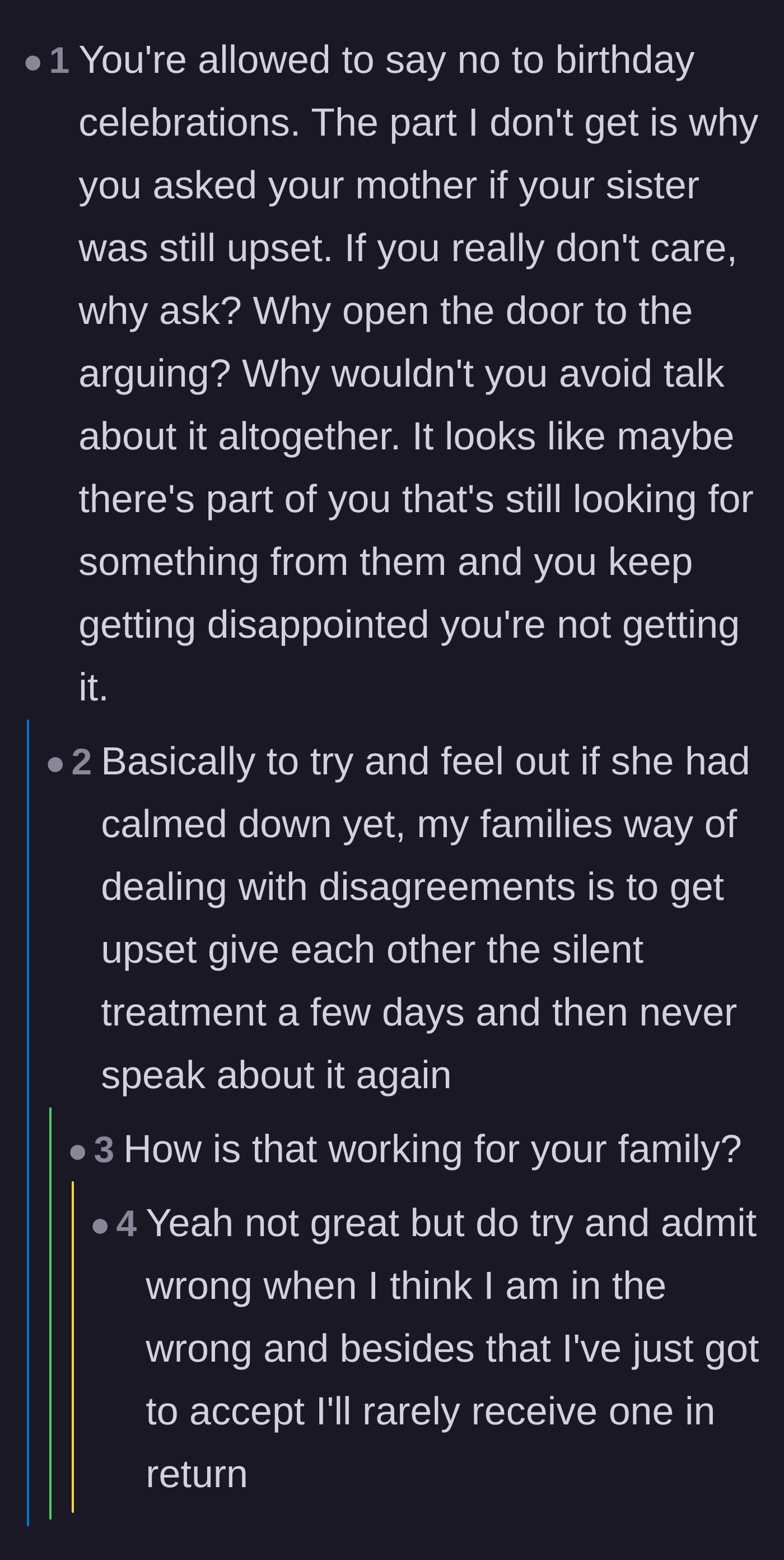 Comment thread 2 - A discussion about why the original poster still checks in on her family's feelings despite their mistreatment