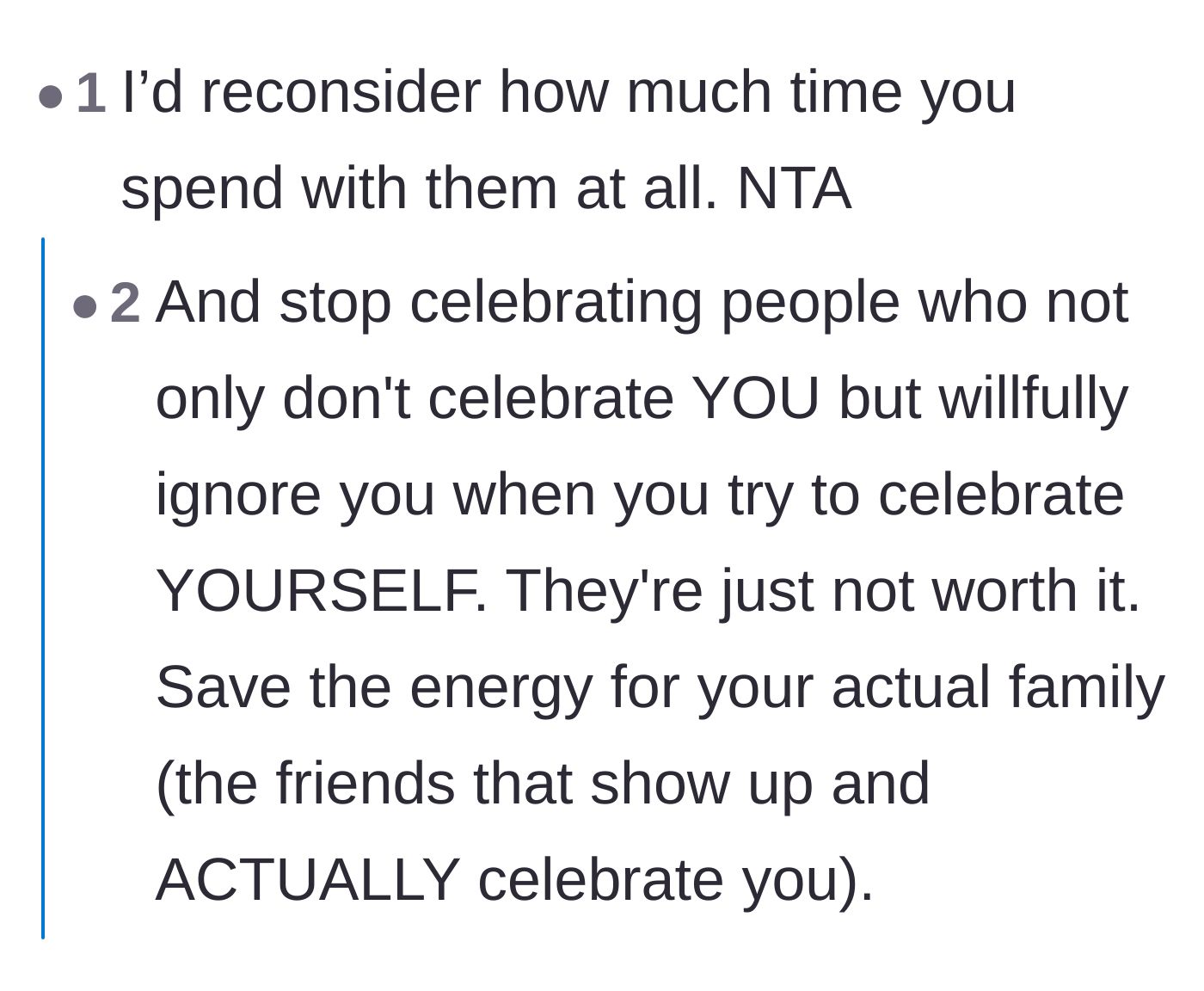 Comment thread 4 - A short, blunt thread telling the original poster to stop wasting energy on her unappreciative blood relatives