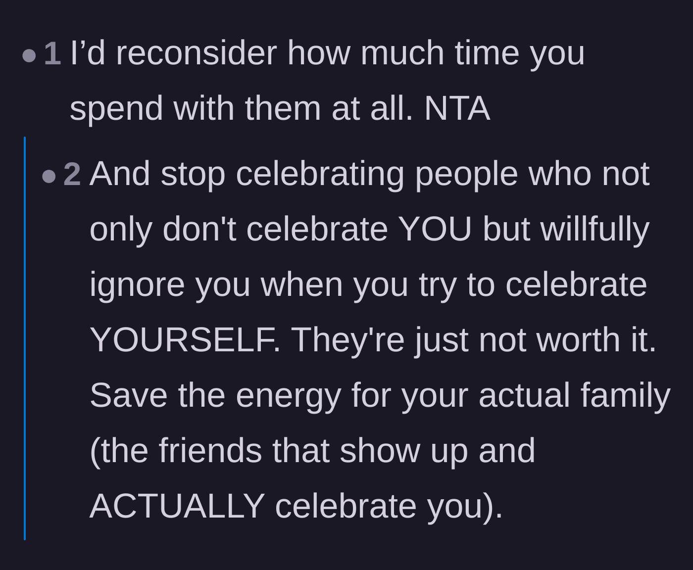 Comment thread 4 - A short, blunt thread telling the original poster to stop wasting energy on her unappreciative blood relatives
