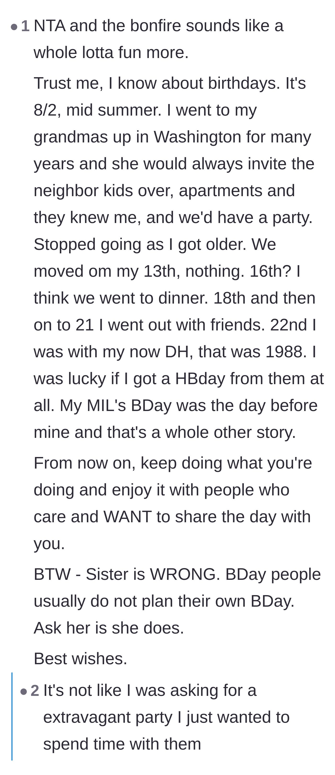 Comment thread 6 - Validation from a user who also grew up with ignored birthdays, confirming that the sister's expectations are completely backwards