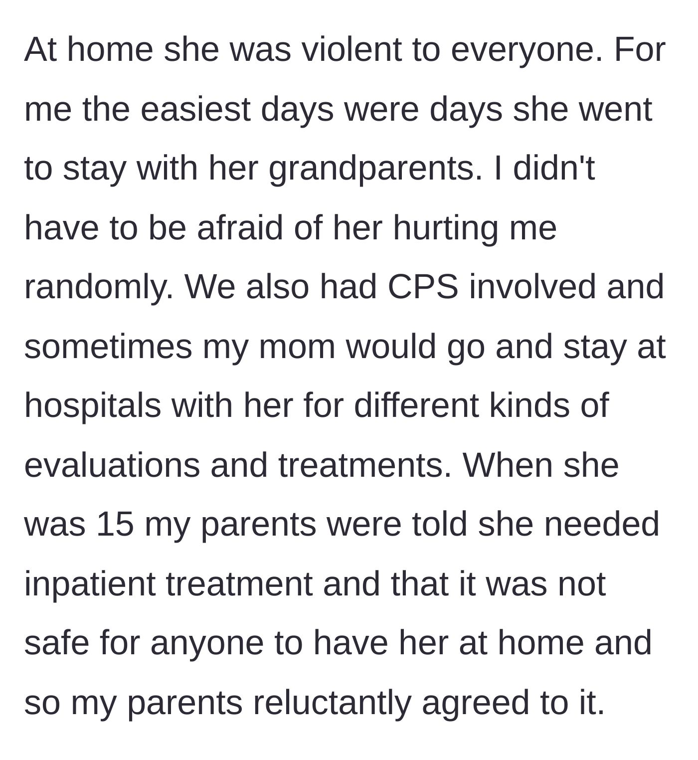 Story part 4 - The violence spills into the home, bringing in child welfare services and eventually forcing the parents to place the 15-year-old sister in inpatient treatment.