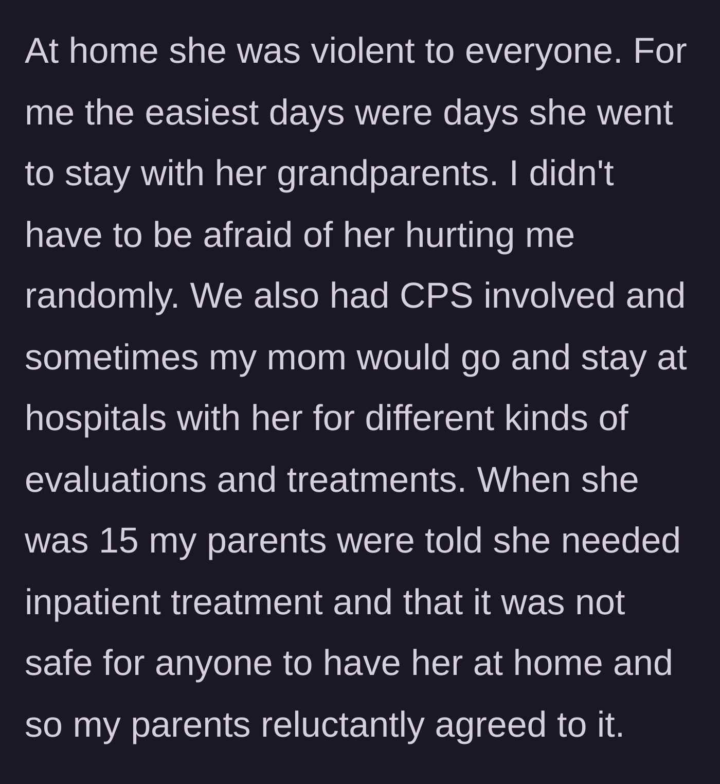 Story part 4 - The violence spills into the home, bringing in child welfare services and eventually forcing the parents to place the 15-year-old sister in inpatient treatment.