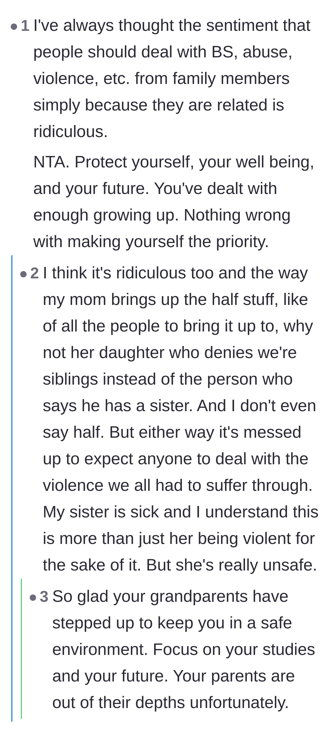 Comment thread 2 - Advice urging the main character to protect his bank accounts and cut all financial ties, alongside a critique of the mother's blame-shifting.