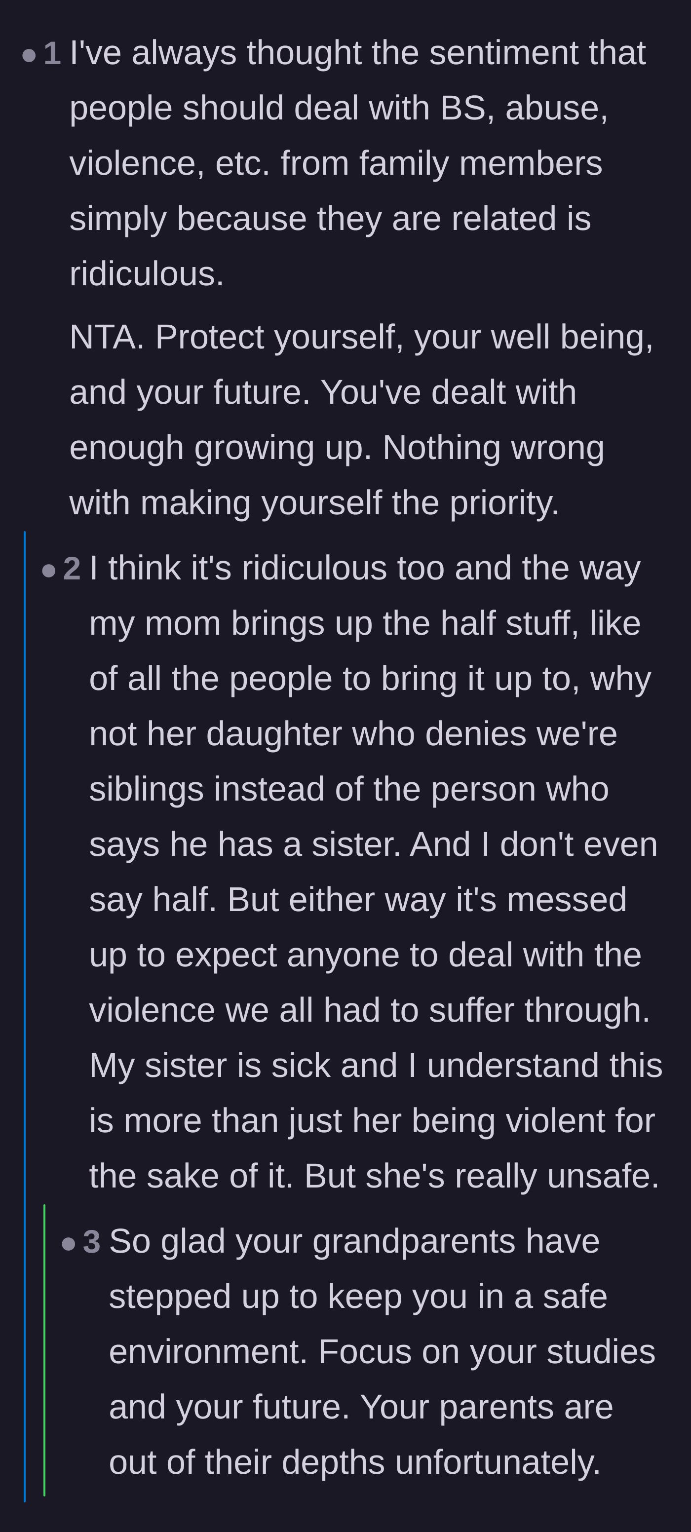 Comment thread 2 - Advice urging the main character to protect his bank accounts and cut all financial ties, alongside a critique of the mother's blame-shifting.