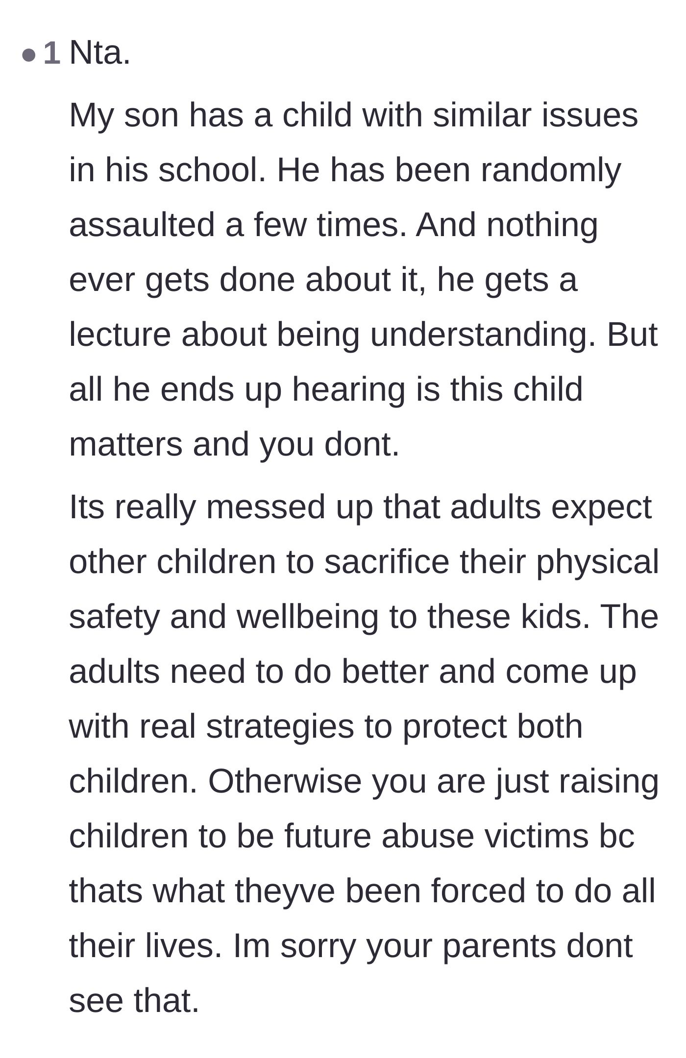 Comment thread 5 - A parent sharing a personal story about how schools and adults condition healthy children to quietly accept abuse from violent peers.
