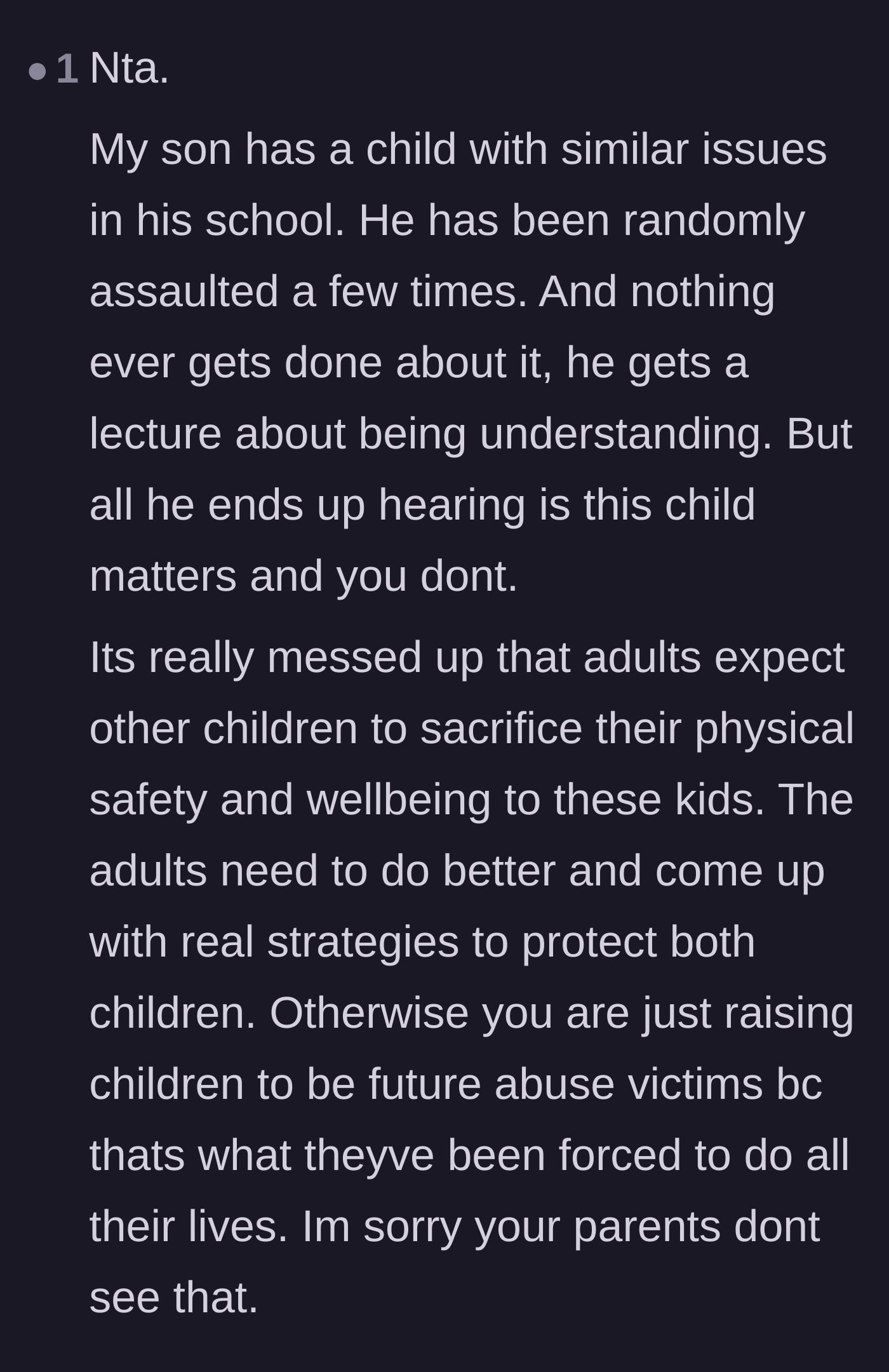 Comment thread 5 - A parent sharing a personal story about how schools and adults condition healthy children to quietly accept abuse from violent peers.