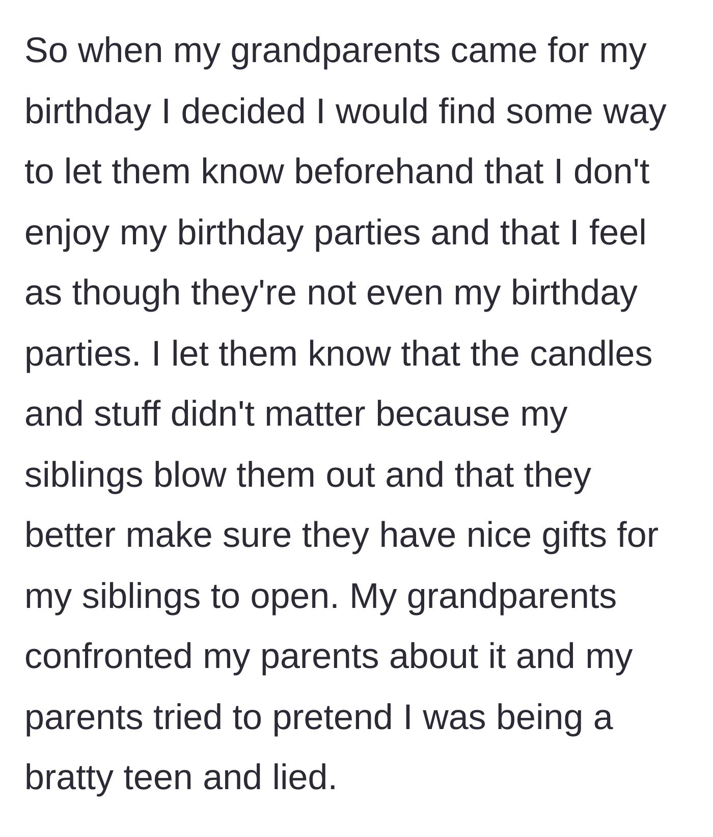 Story part 3 - The teen pre-warns his grandparents about the party dynamic, leading to the grandparents confronting the parents.