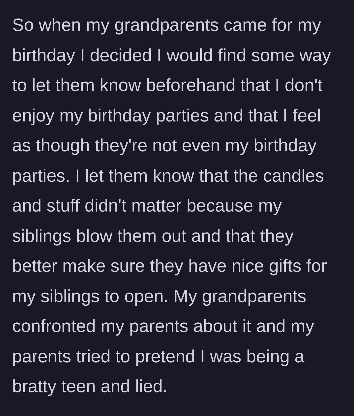 Story part 3 - The teen pre-warns his grandparents about the party dynamic, leading to the grandparents confronting the parents.