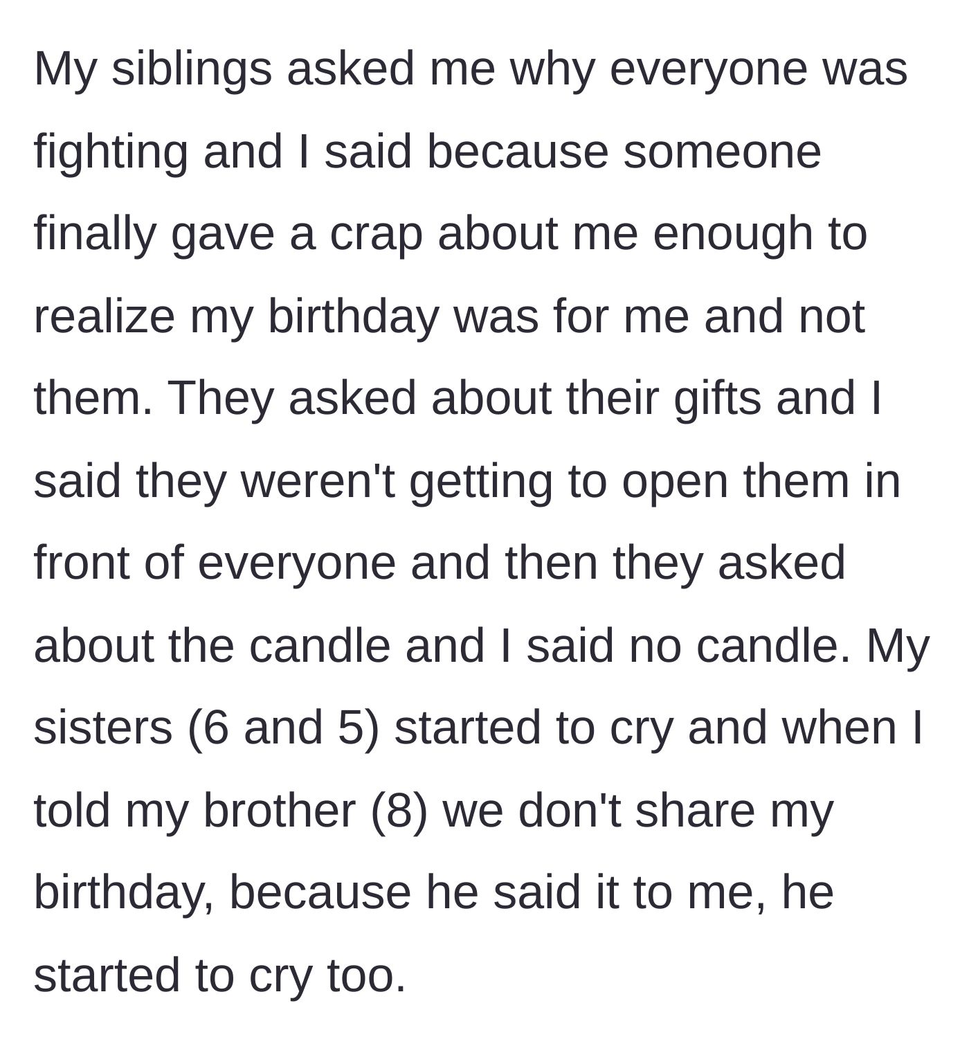 Story part 5 - The teen explains the truth to his crying siblings, breaking down their entitlement.