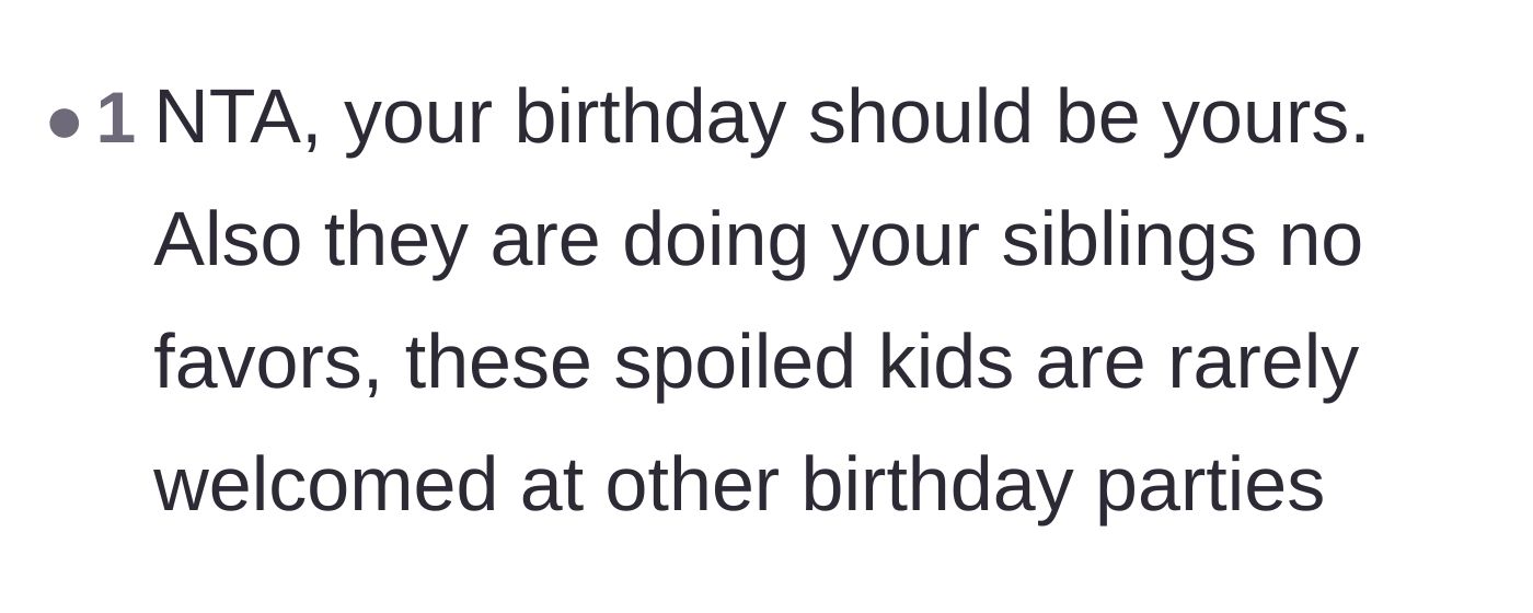 Comment thread 3 - Comment pointing out that spoiling the younger siblings will cause them social problems at other children's parties.