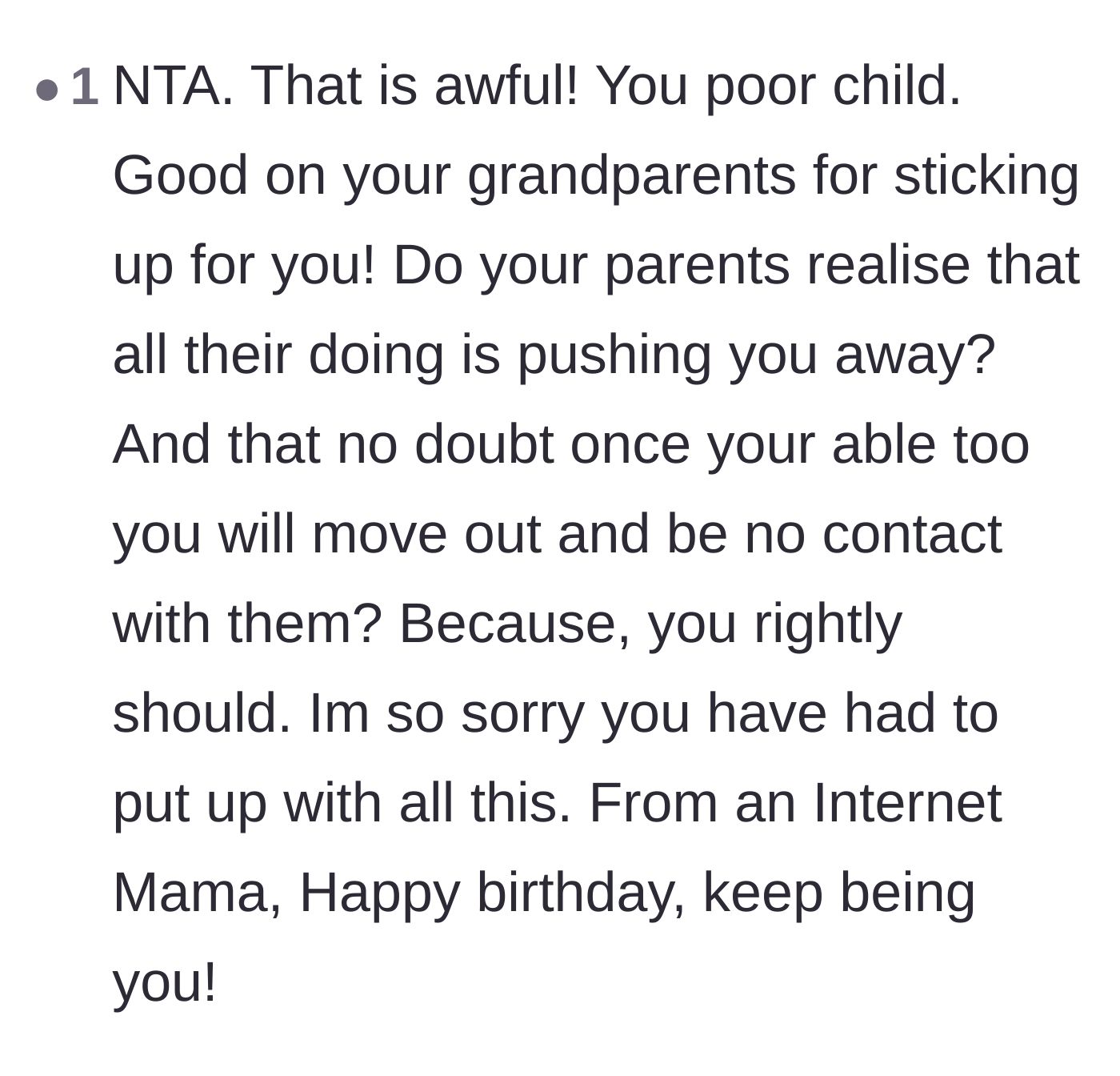 Comment thread 4 - A supportive message from an internet mom wishing the teen a happy birthday and praising the grandparents.