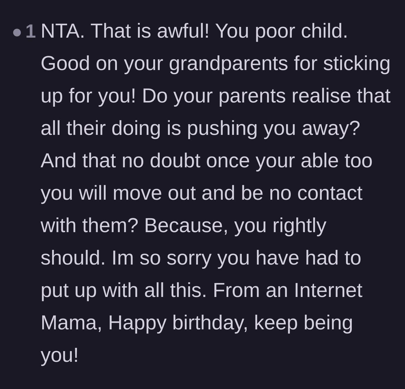 Comment thread 4 - A supportive message from an internet mom wishing the teen a happy birthday and praising the grandparents.