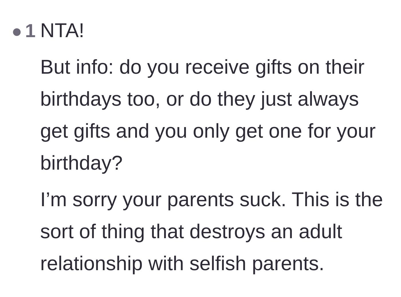 Comment thread 5 - Reader asking if the older brother also gets gifts on the younger siblings' birthdays.