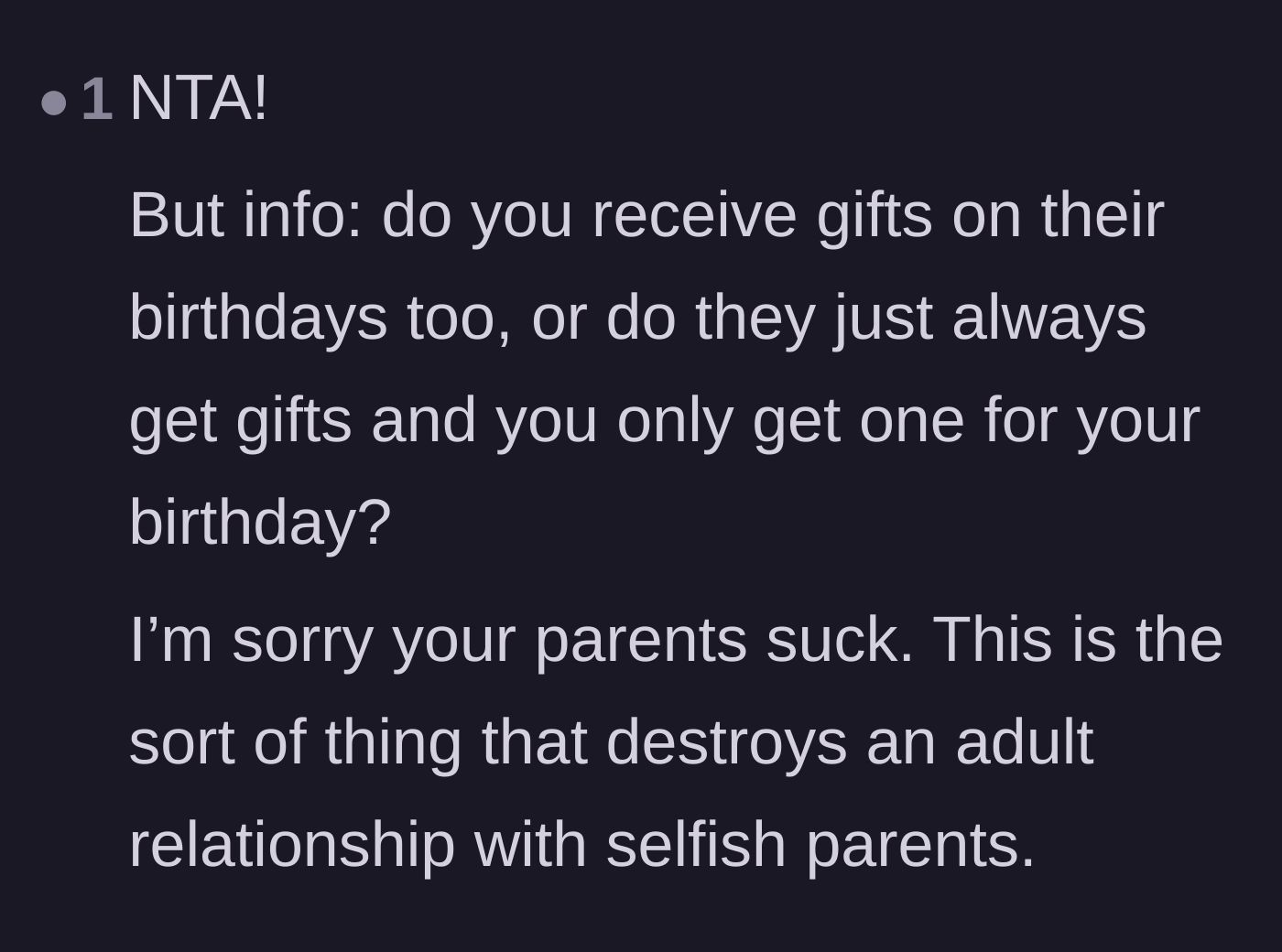 Comment thread 5 - Reader asking if the older brother also gets gifts on the younger siblings' birthdays.