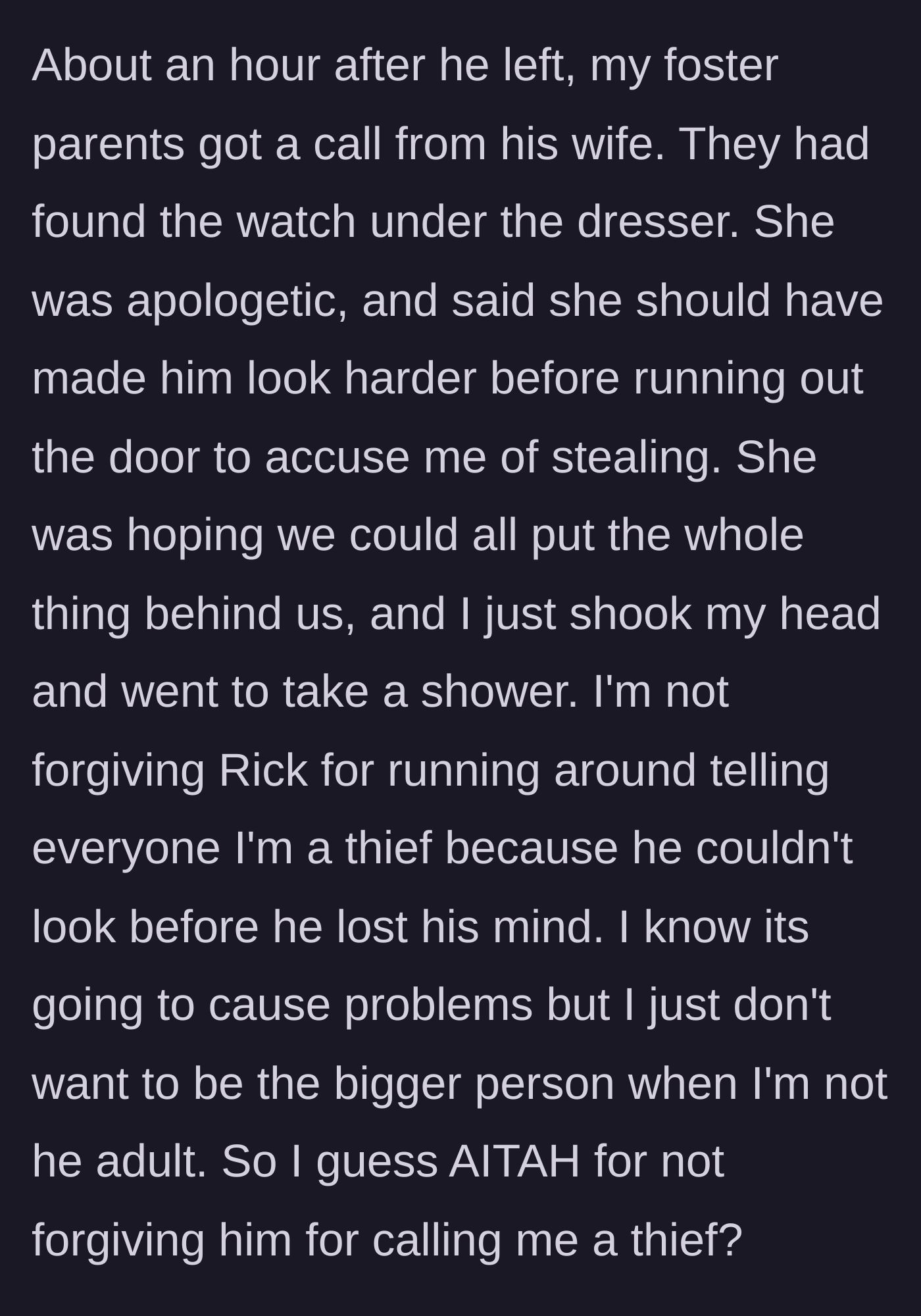 Story part 5 - Rick's wife calls an hour later to say she found the watch under a dresser, expecting the teen to just forgive and forget.