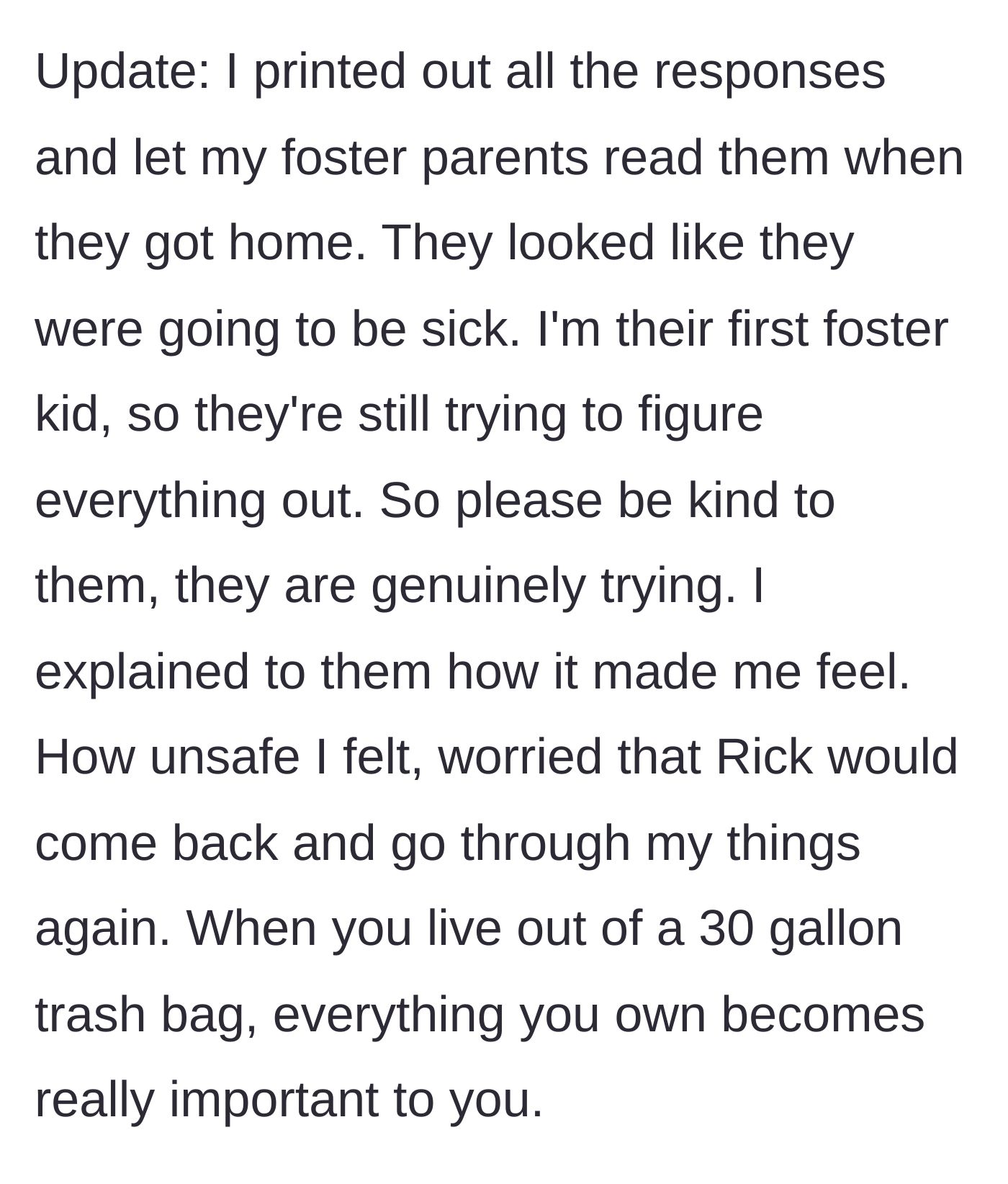 Story part 6 - In an update, the teen prints out internet comments to show her horrified, first-time foster parents how she felt.